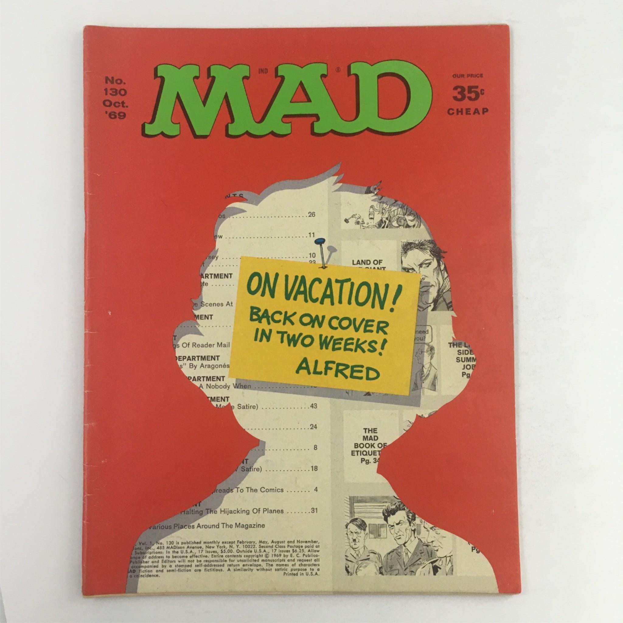 Mad Magazine October 1969 No. 130 On Vacation!  VG Very Good