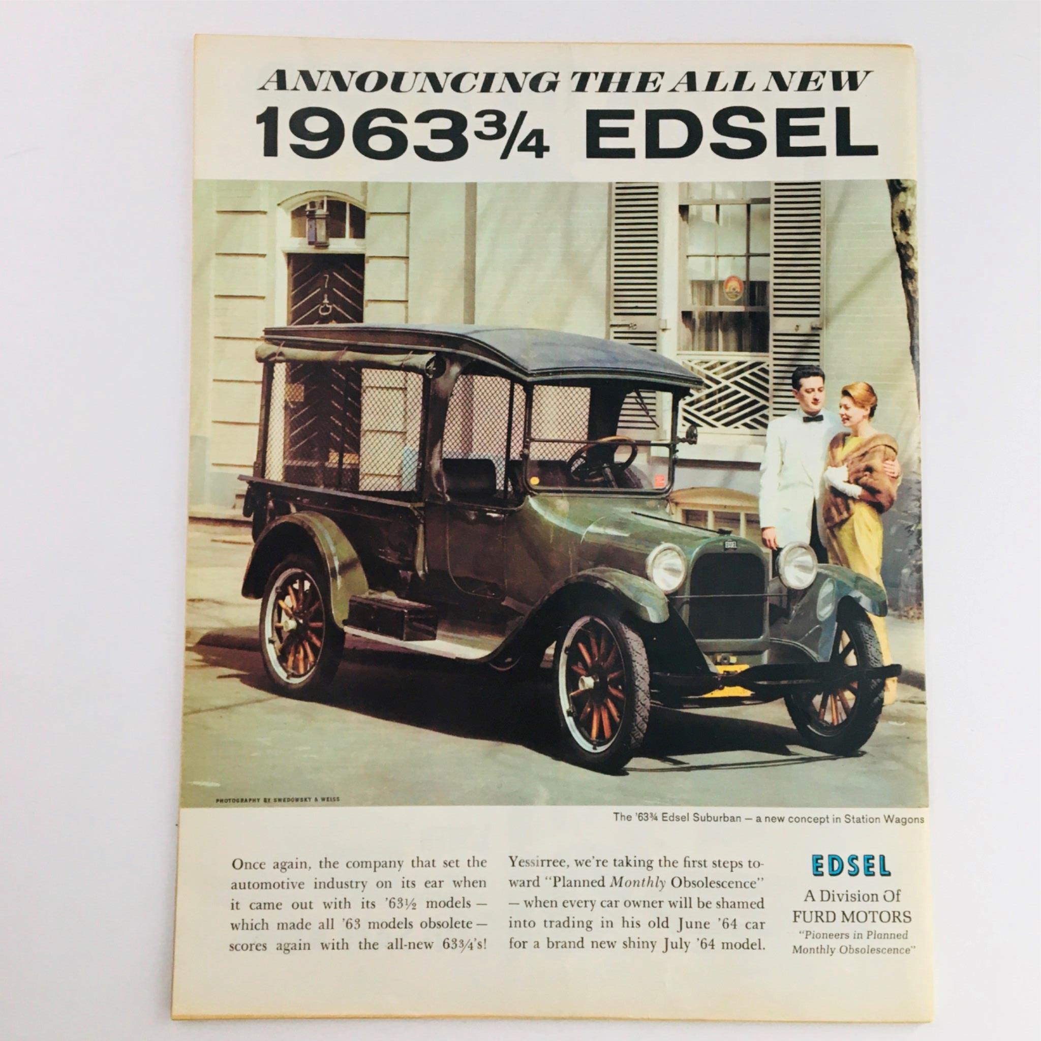 An advertisement for the 1963¾ Edsel featuring a vintage car parked in a historic setting, promoting the innovative features of this classic automobile model.