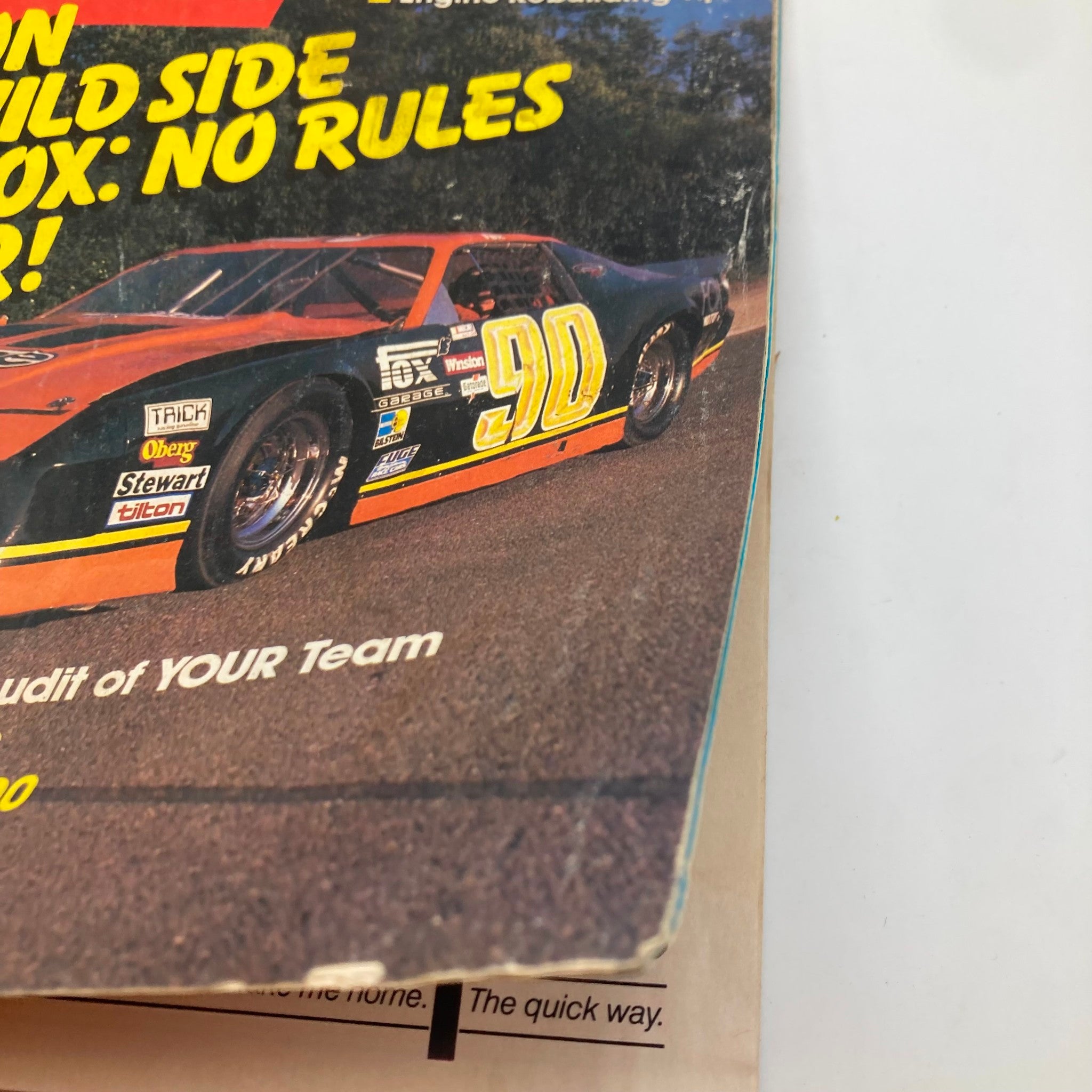 Close-up of the cover of VTG Stock Car Racing Magazine December 1987, emphasizing Bob Fox and the No Rules Racer theme along with racecar details.