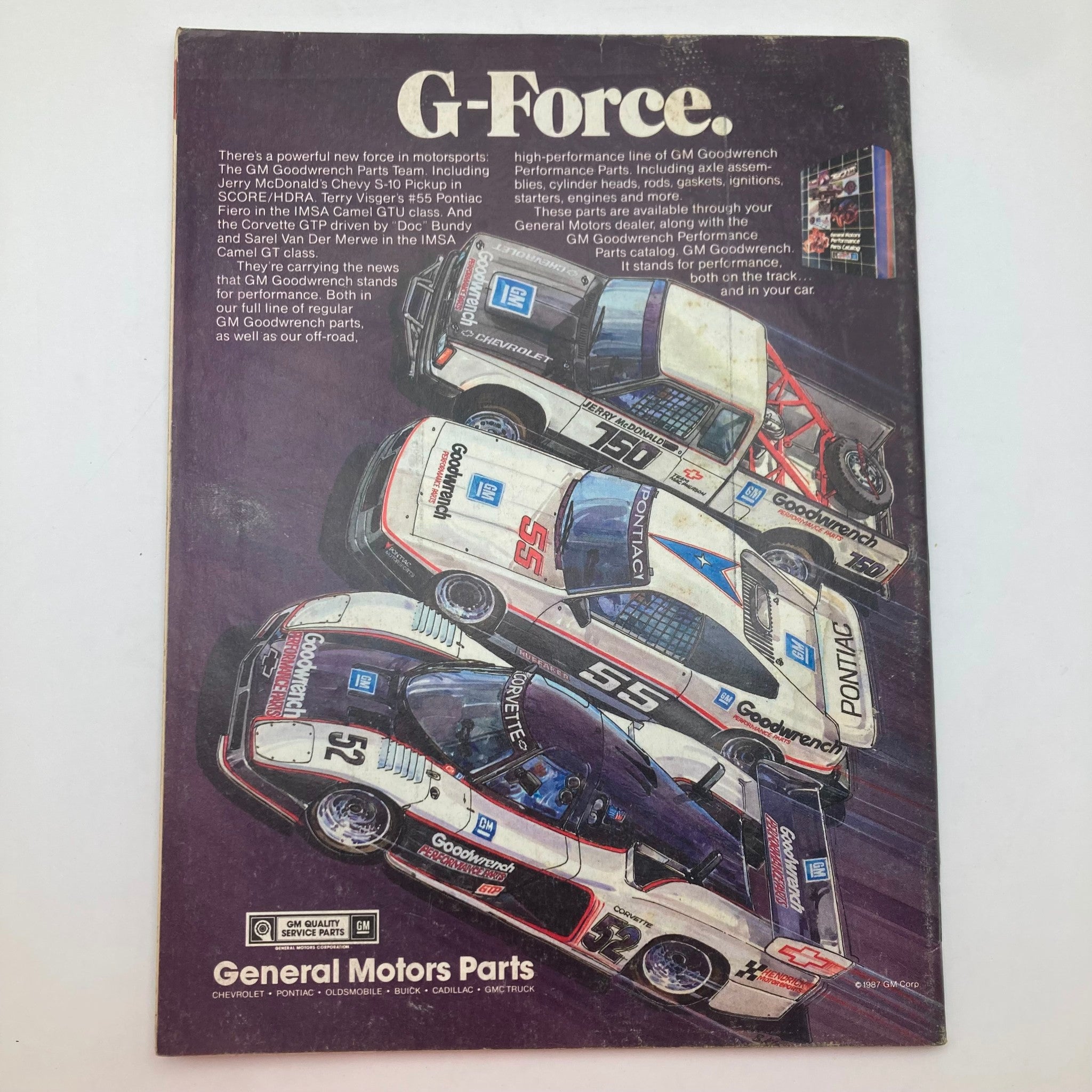 Back cover of VTG Stock Car Racing Magazine December 1987 displaying promotional content for GM Goodwrench Performance Parts and iconic racing cars.