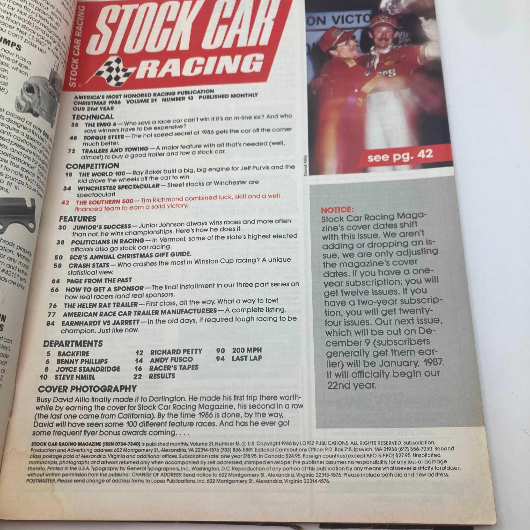 VTG Stock Car Racing Magazine Christmas 1986 Tim Richmond No Label