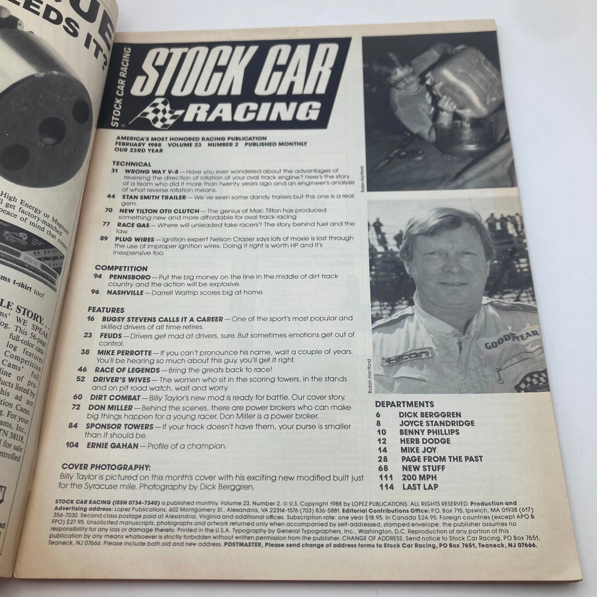 Inside page of VTG Stock Car Racing Magazine February 1988 displaying an editorial section with articles about racing, featuring a prominent image of a driver and technical details relevant to stock car competition.
