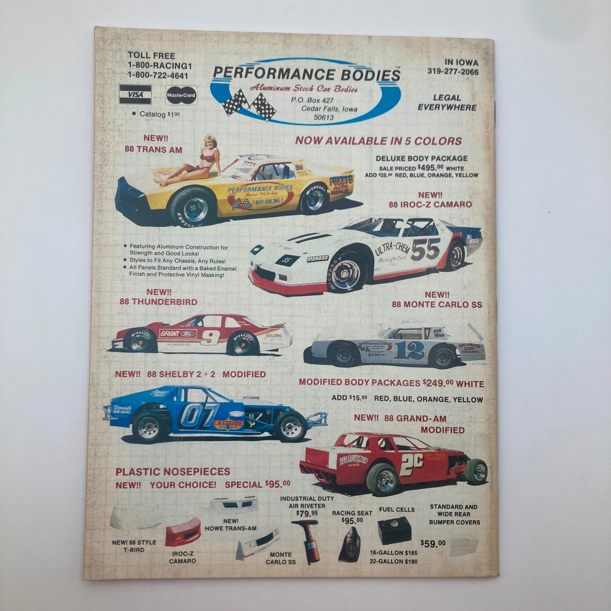 Back cover of VTG Stock Car Racing Magazine February 1988 featuring an advertisement for Performance Bodies, showcasing various stock car models and parts available for racing enthusiasts.