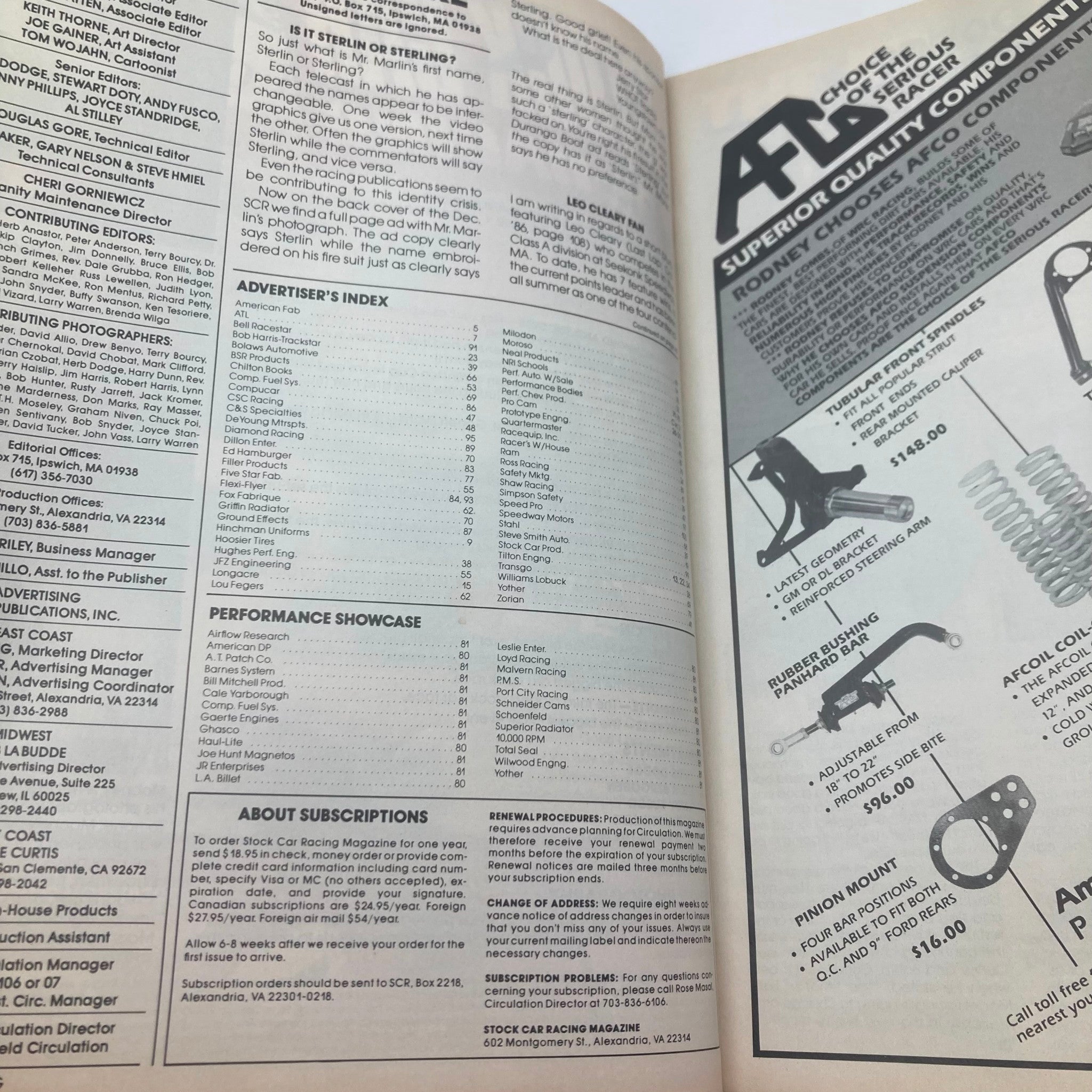 Interior page of VTG Stock Car Racing Magazine January 1987 showing the Advertiser's Index and Performance Showcase, highlighting various racing components and contributors.