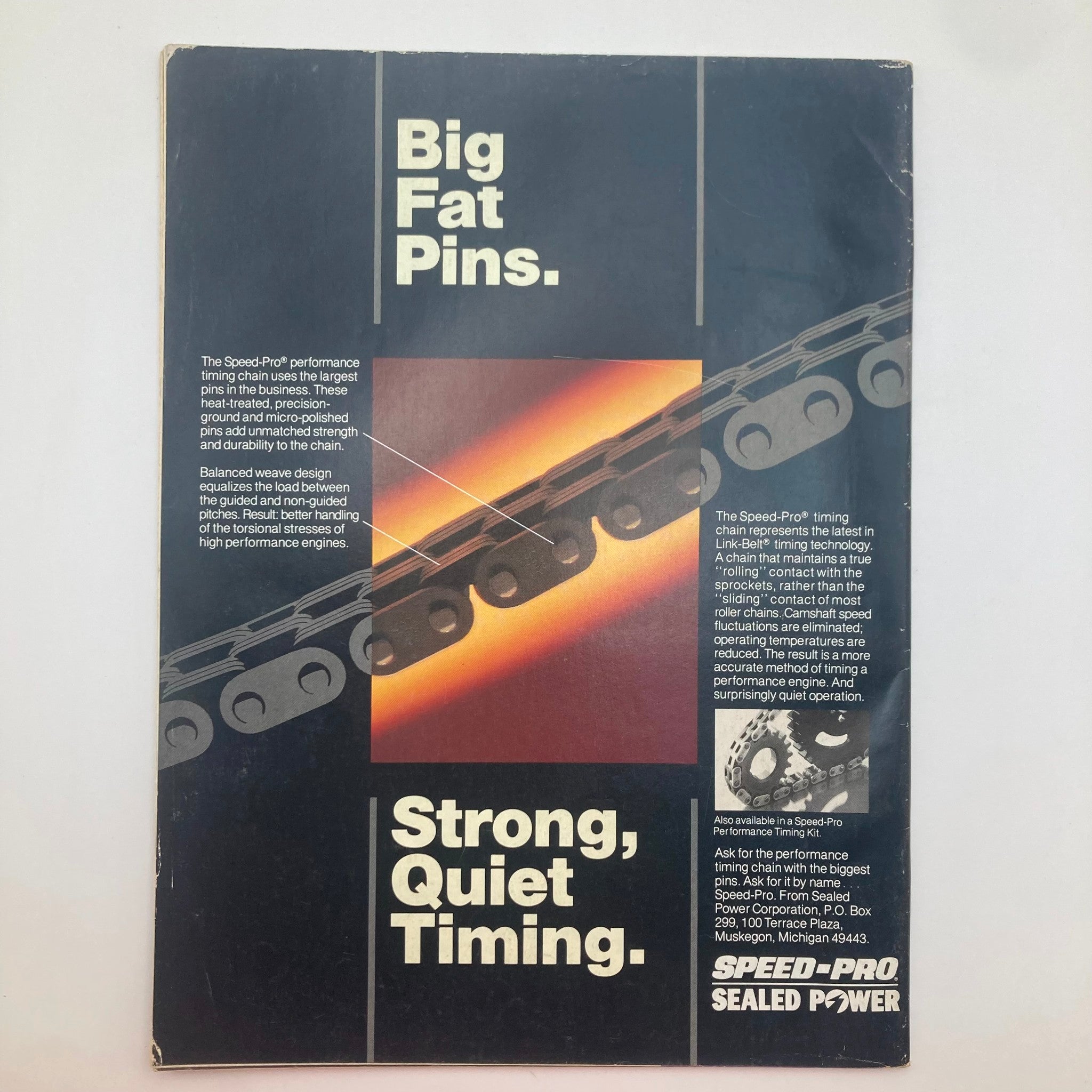 Cover of the January 1987 issue of Stock Car Racing Magazine featuring an advertisement for Speed-Pro timing chains, emphasizing their 'Big Fat Pins' and 'Strong, Quiet Timing' technology, relevant to high-performance engines.