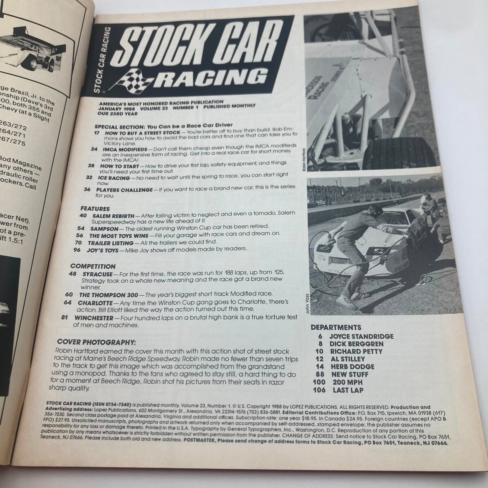Interior page from VTG Stock Car Racing Magazine January 1988 featuring articles and features about stock car racing, including a special section on being a race car driver.