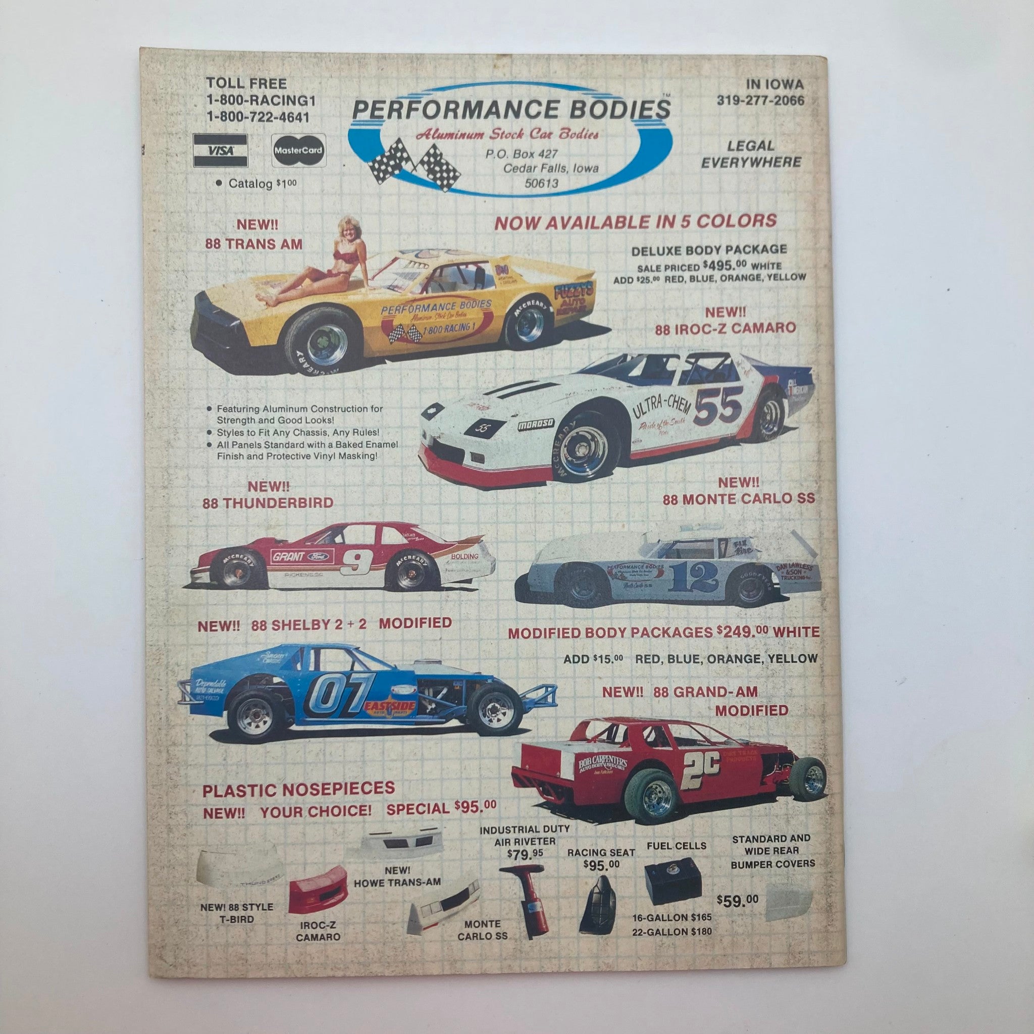Back cover of VTG Stock Car Racing Magazine January 1988 highlighting various racing bodies and products available for stock cars, showcasing a strong connection to racing culture.