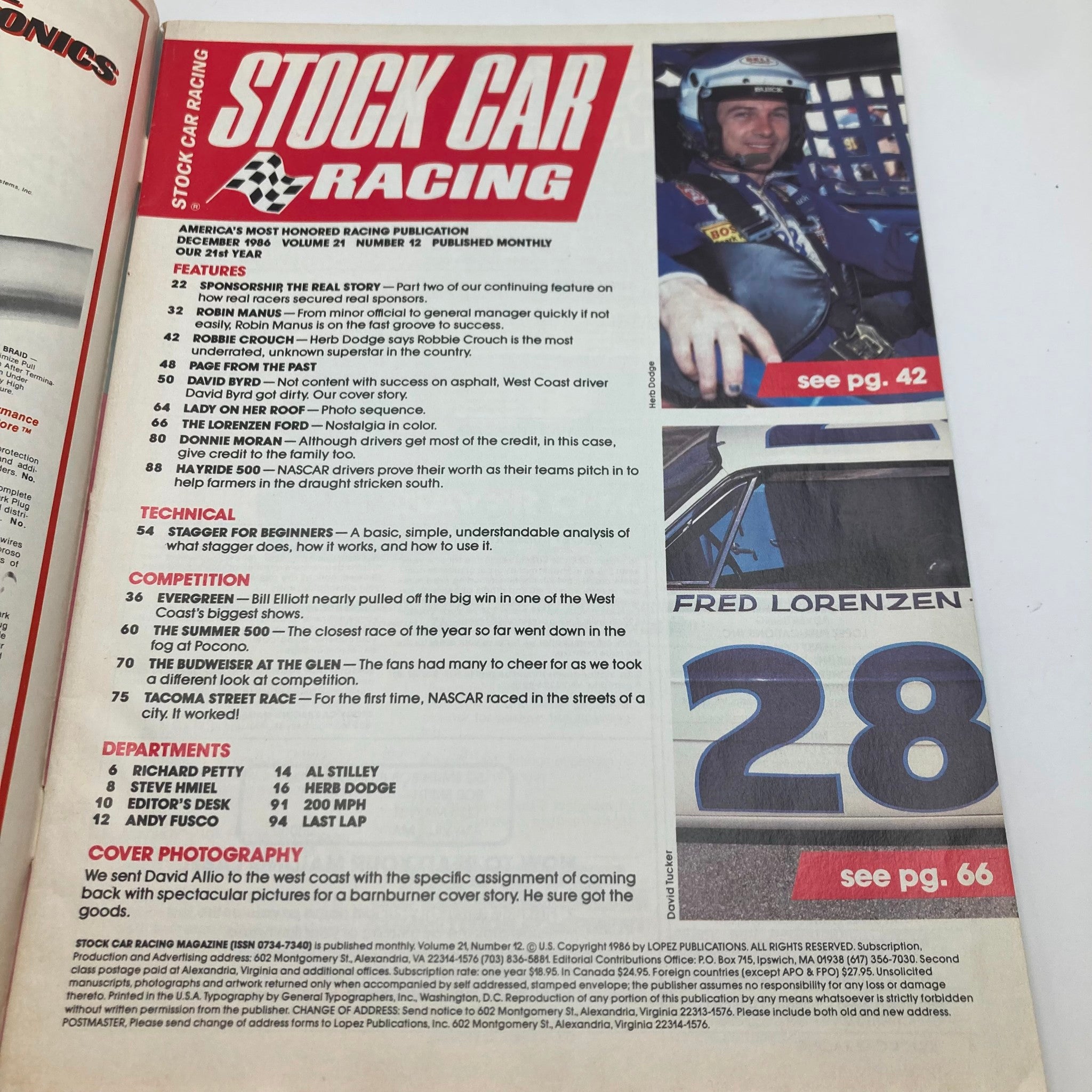 Inside page of the VTG Stock Car Racing Magazine December 1986 showcasing features about sponsorships, competitions, and driver profiles including David Byrd and Fred Lorenzen.