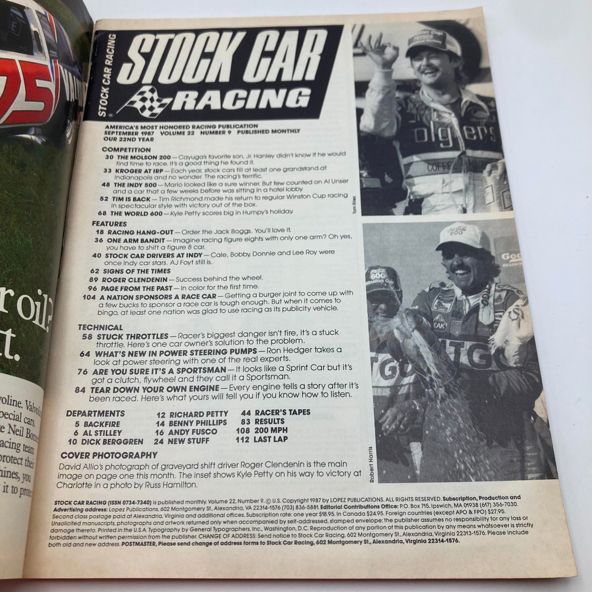 Inside page of VTG Stock Car Racing Magazine September 1987 featuring Roger Clendenin, including articles and technical content about stock car racing.