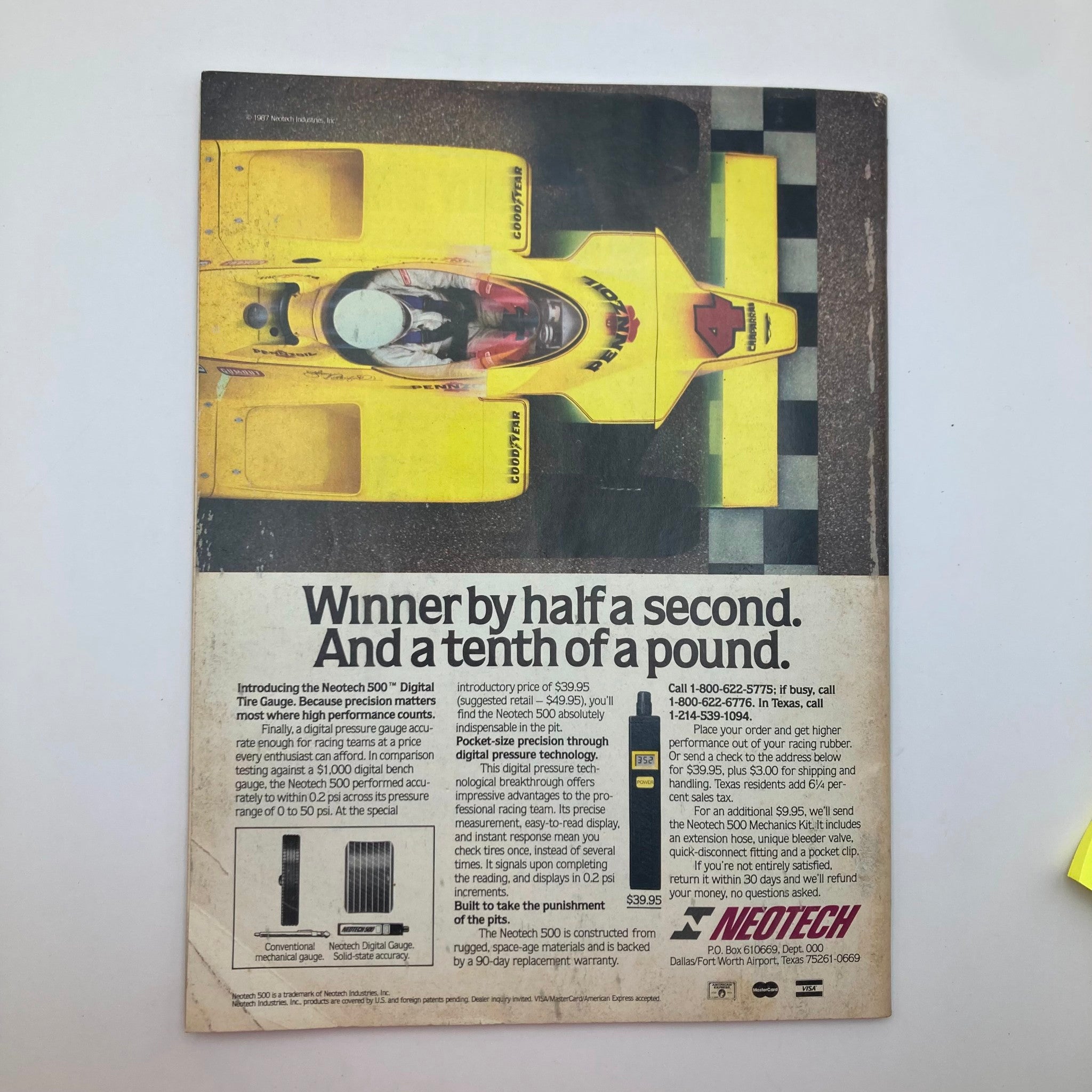 Back cover of VTG Stock Car Racing Magazine September 1987 showcasing an advertisement for the Neotech 500 Digital Tire Gauge with racing imagery.