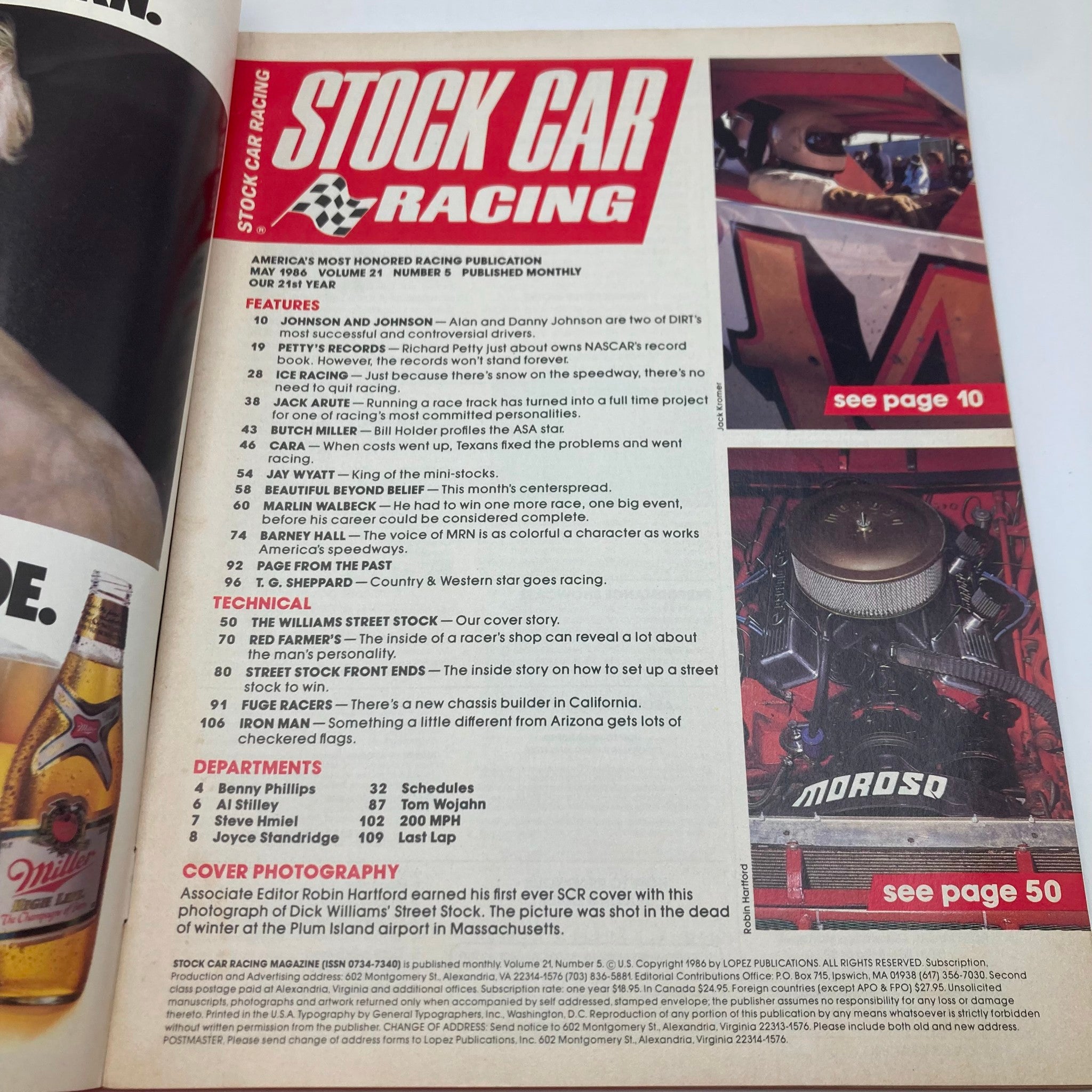 Stock Car Racing Magazine May 1986 featuring articles on Dick Williams' Street Stock team with vivid cover details highlighting the racing culture of the mid-80s.
