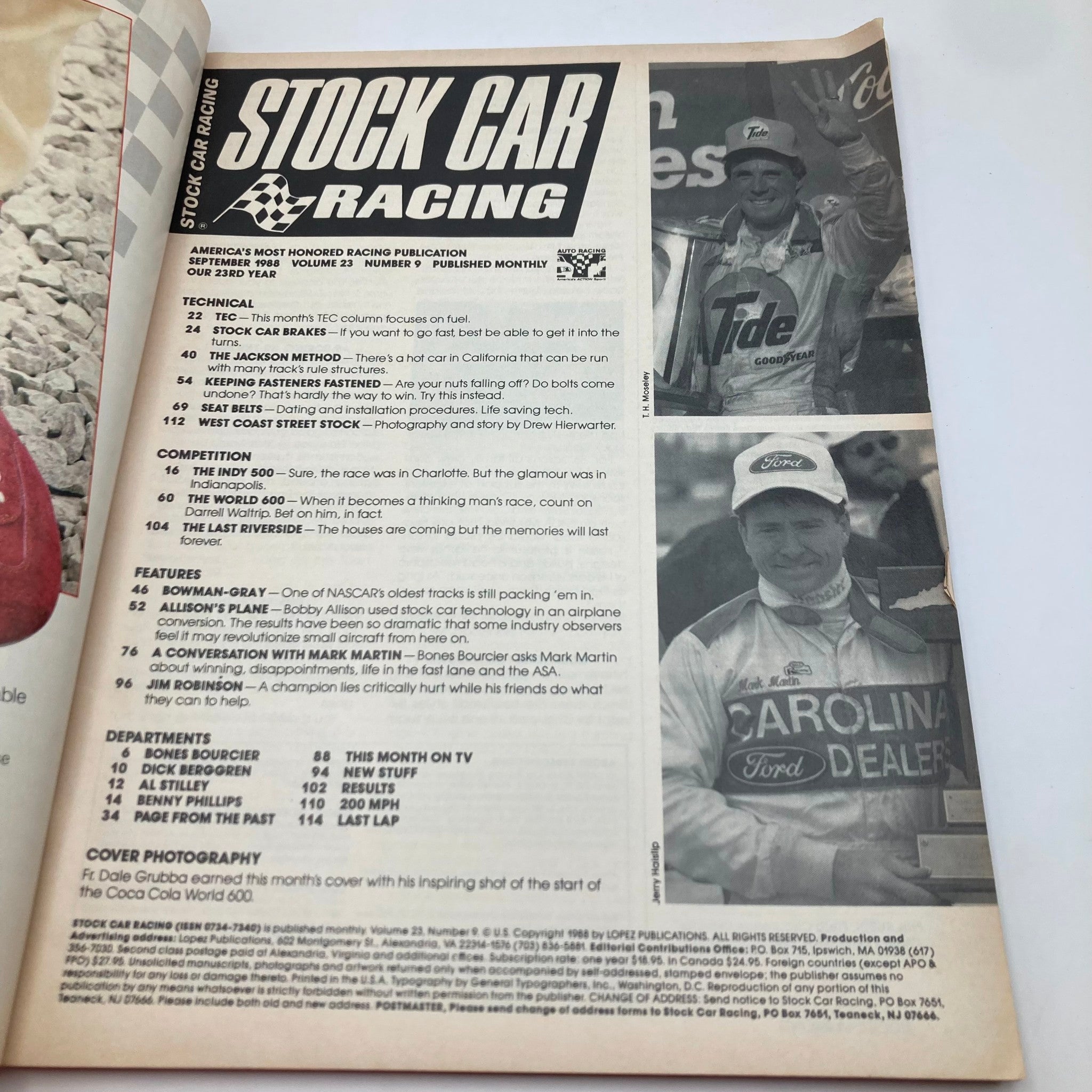 Interior page of VTG Stock Car Racing Magazine September 1988, highlighting technical features and competition insights along with images of race drivers.