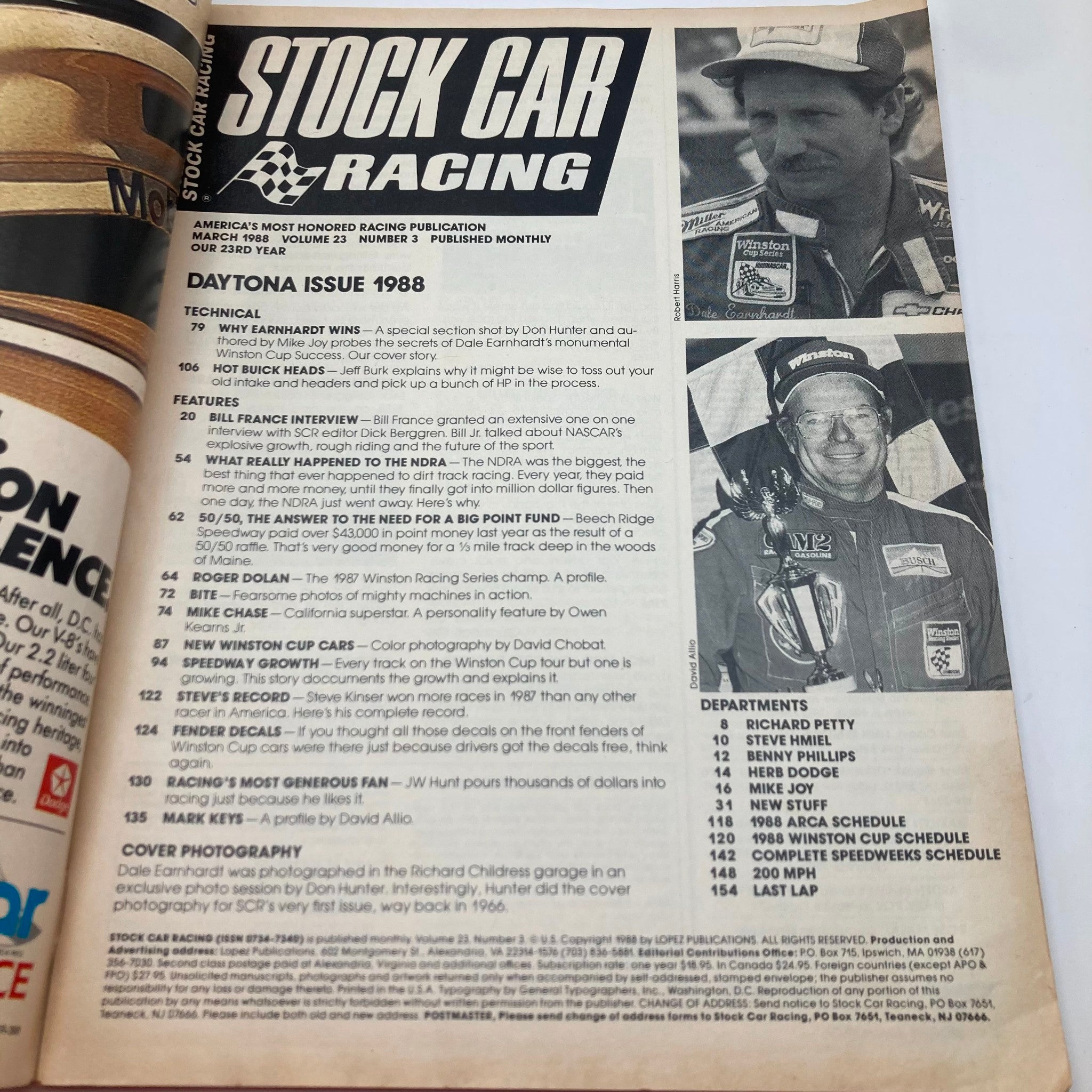 Inside page of VTG Stock Car Racing Magazine March 1988 showcasing the contents with articles including 'Why Earnhardt Wins' and interviews with NASCAR figures.