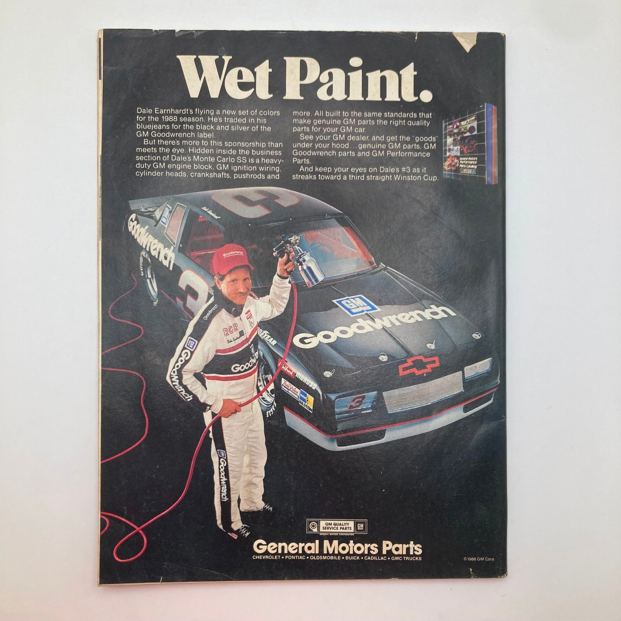 Back cover of VTG Stock Car Racing Magazine March 1988 which includes an advertisement for General Motors Parts featuring Dale Earnhardt.