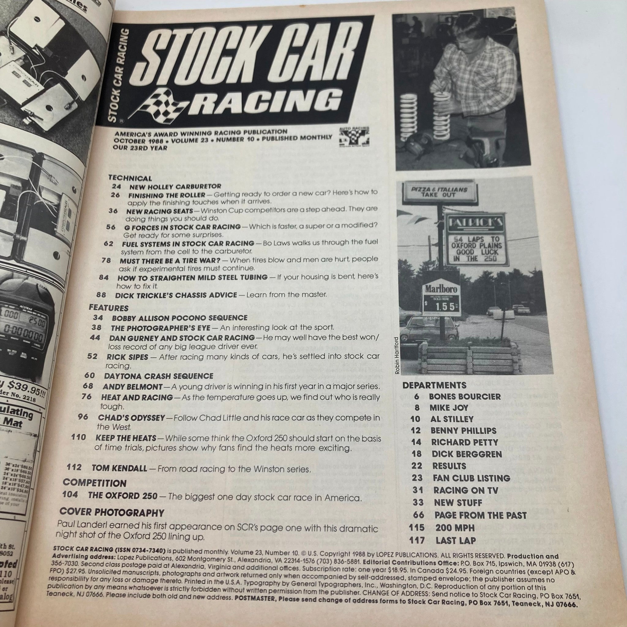 Inside page of the VTG Stock Car Racing Magazine October 1988 showcasing the Table of Contents, including features on the Oxford 250 and various technical articles related to stock car racing.