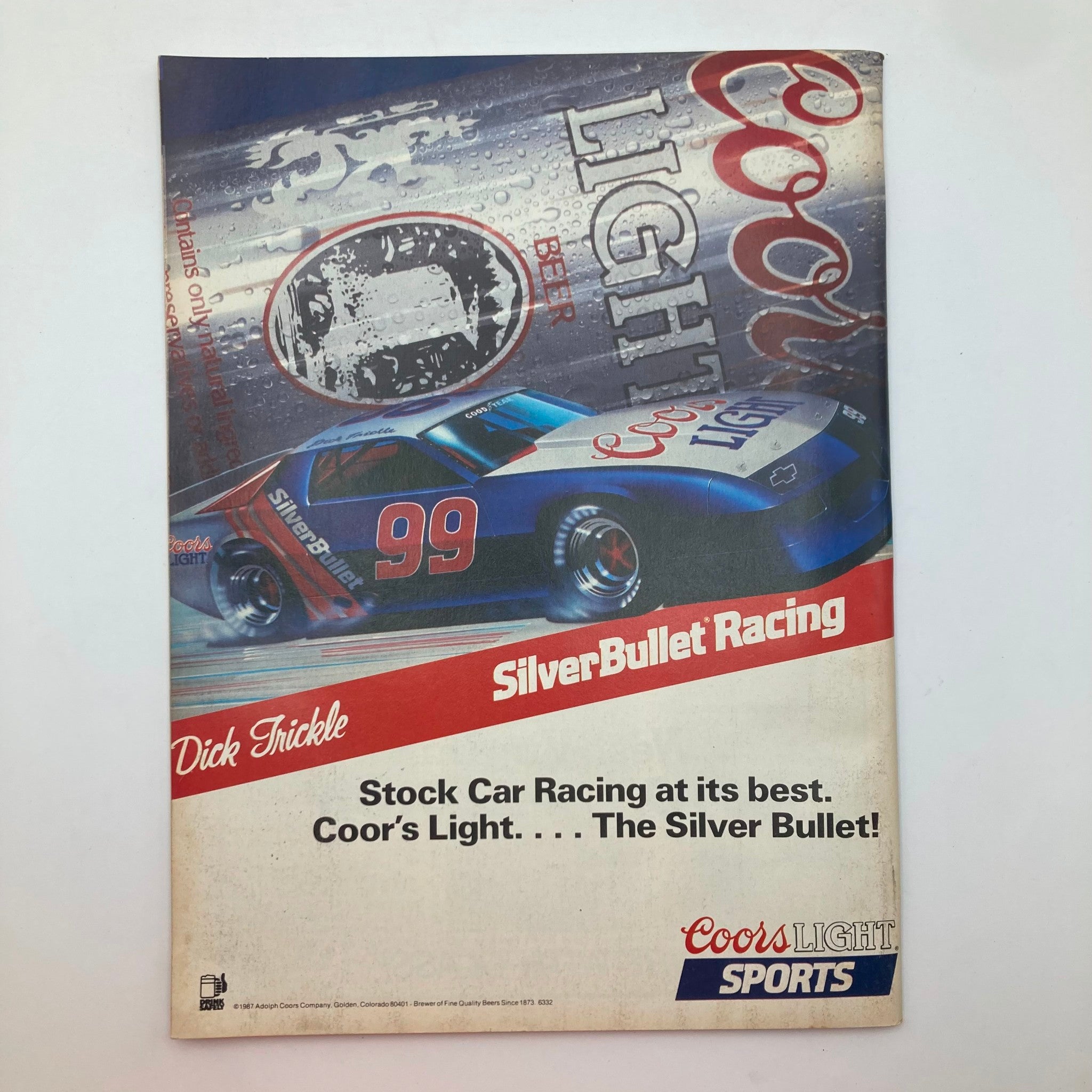 Back cover of the VTG Stock Car Racing Magazine October 1988 displaying an advertisement for Coors Light featuring the Silver Bullet Racing car number 99, emphasizing stock car racing.