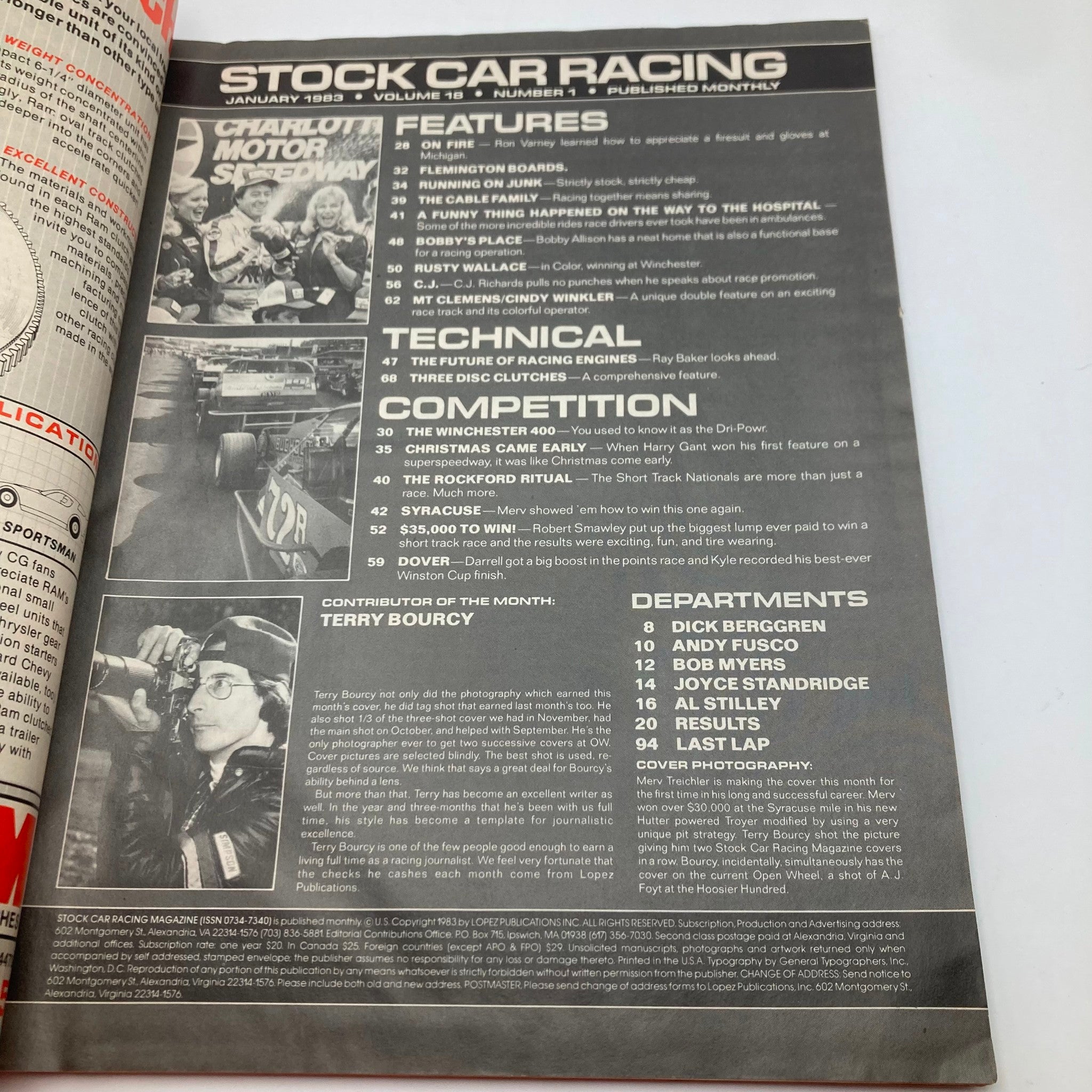 Interior page of the Vintage Stock Car Racing Magazine from January 1983, showcasing article features and contributions, highlighting the technical aspects of the racing industry.