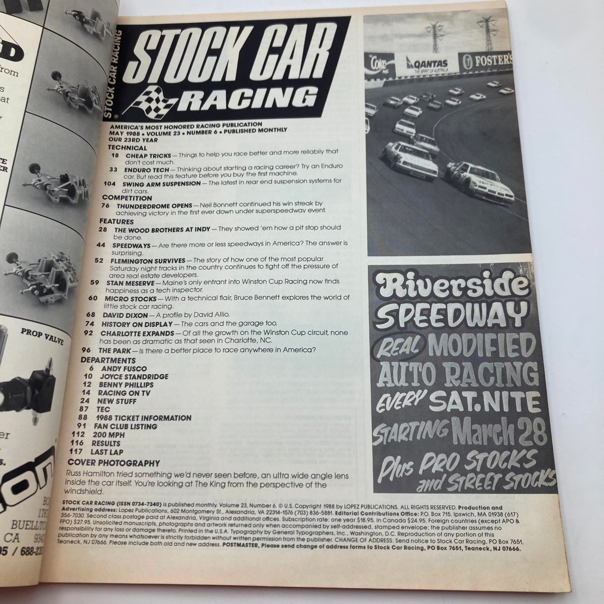 Inside page of the Vintage Stock Car Racing Magazine June 1988 featuring articles on stock car racing, including details about the Thunderdome and various racing legends.