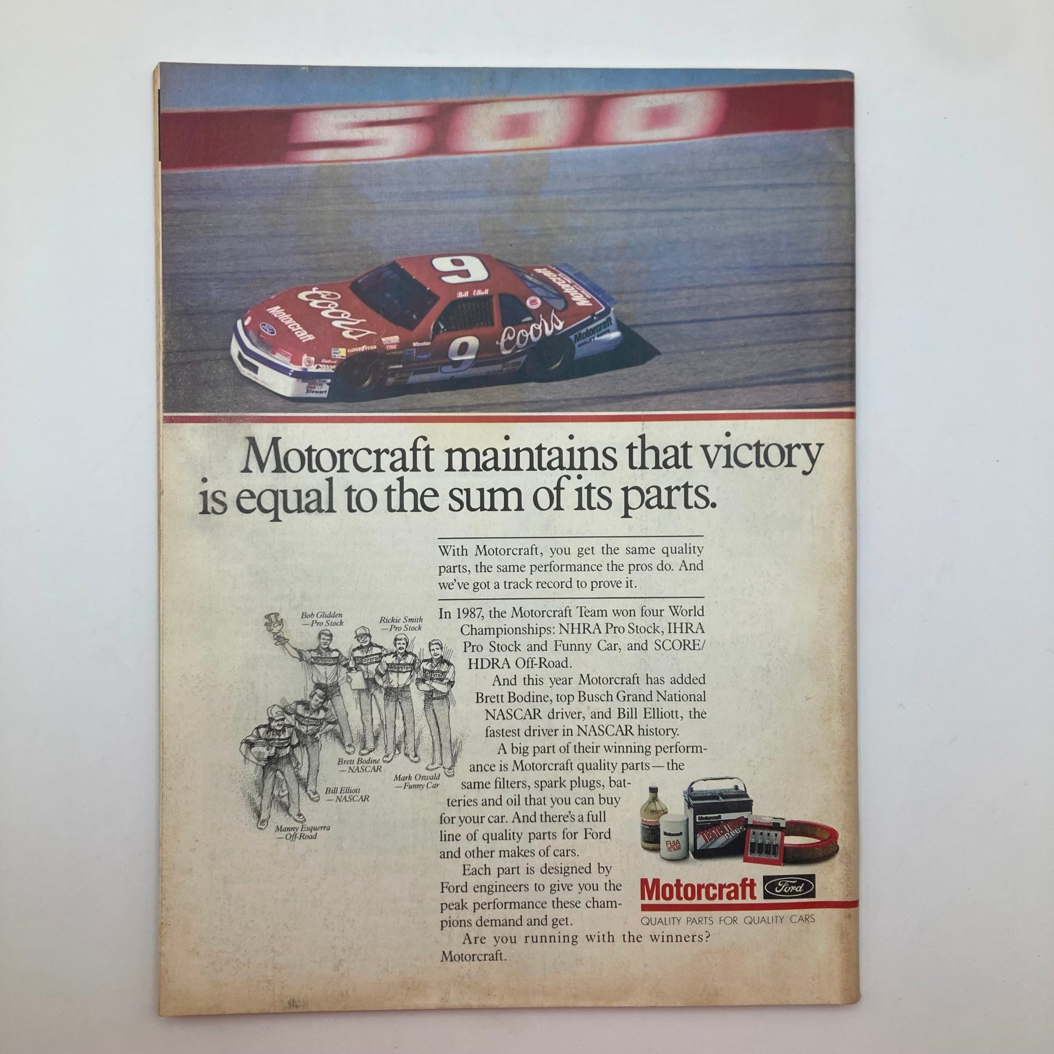 Back cover of the Vintage Stock Car Racing Magazine June 1988 showcasing a Motorcraft advertisement with a focus on racing performance and quality parts.