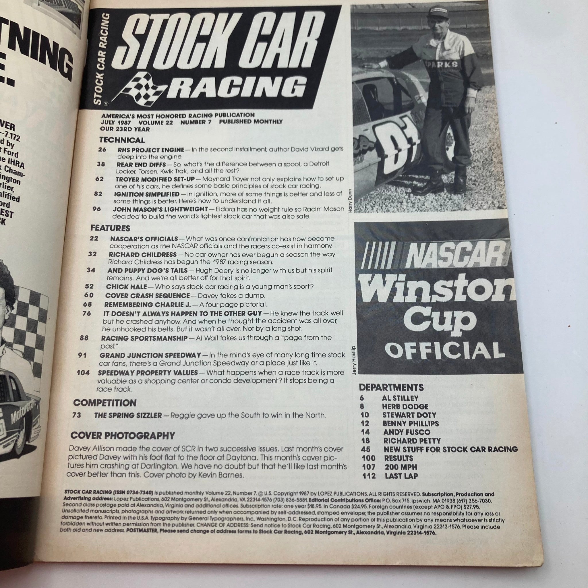 Interior page of the VTG Stock Car Racing Magazine July 1987, featuring articles on stock car racing, a tribute to Charlie J., and technical insights. This collectible magazine celebrates motorsport history.