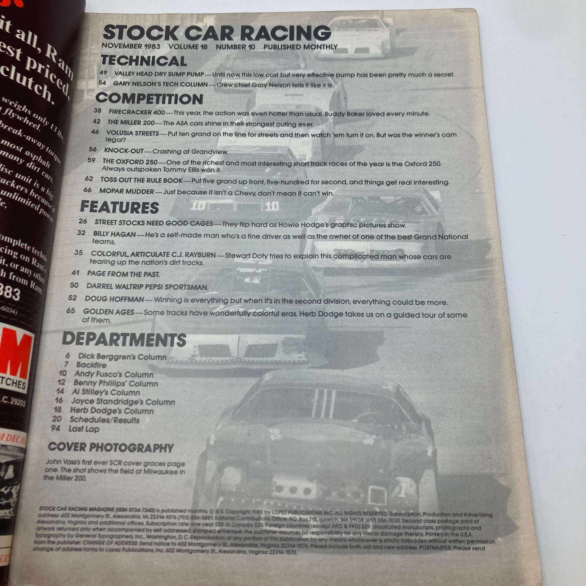 Inside page of VTG Stock Car Racing Magazine November 1983, listing articles and features, including technical insights and highlights of the Miller 200 race.