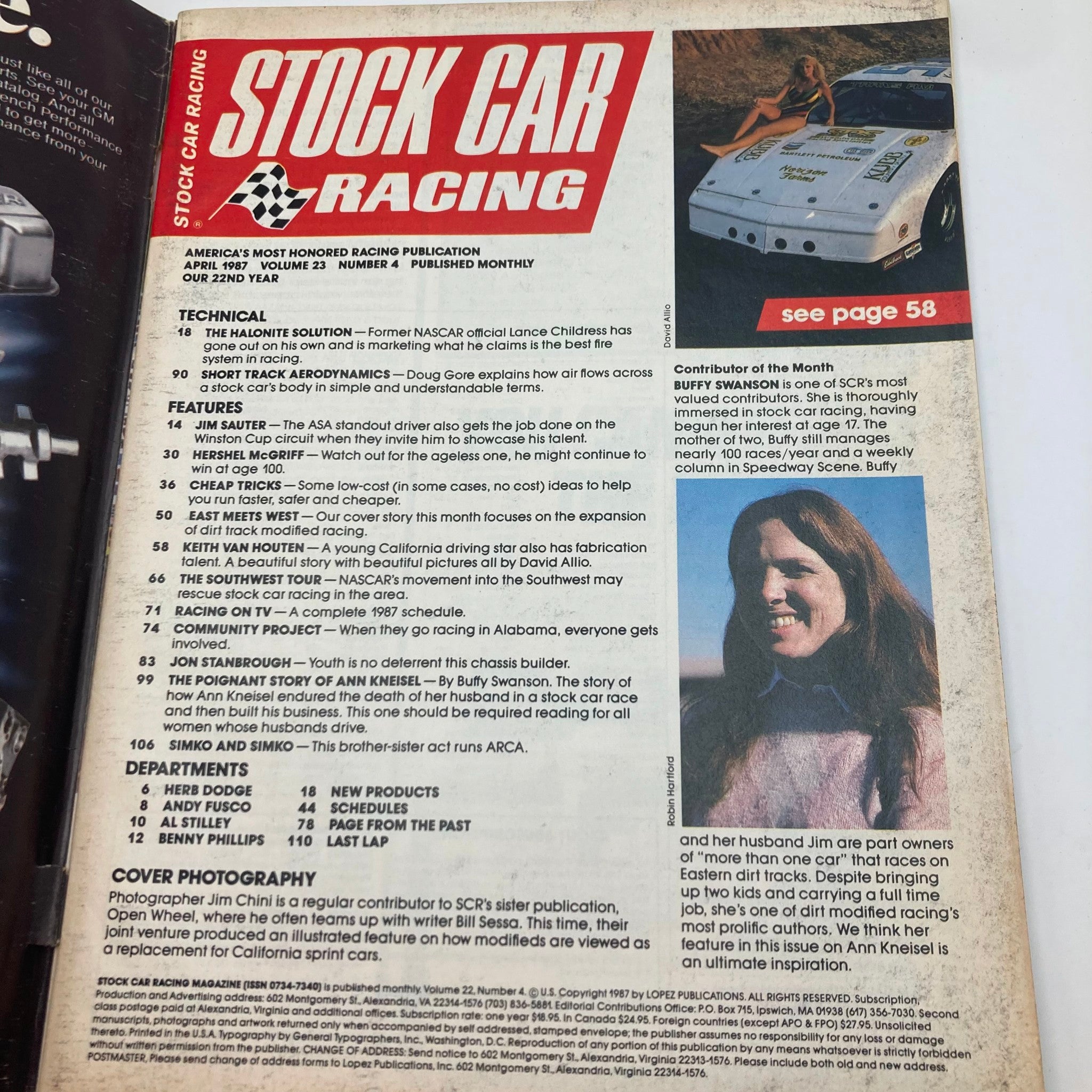 Inside page of VTG Stock Car Racing Magazine April 1987, highlighting the technical section and the poignant story of Ann Kneisel, along with a photograph of her.