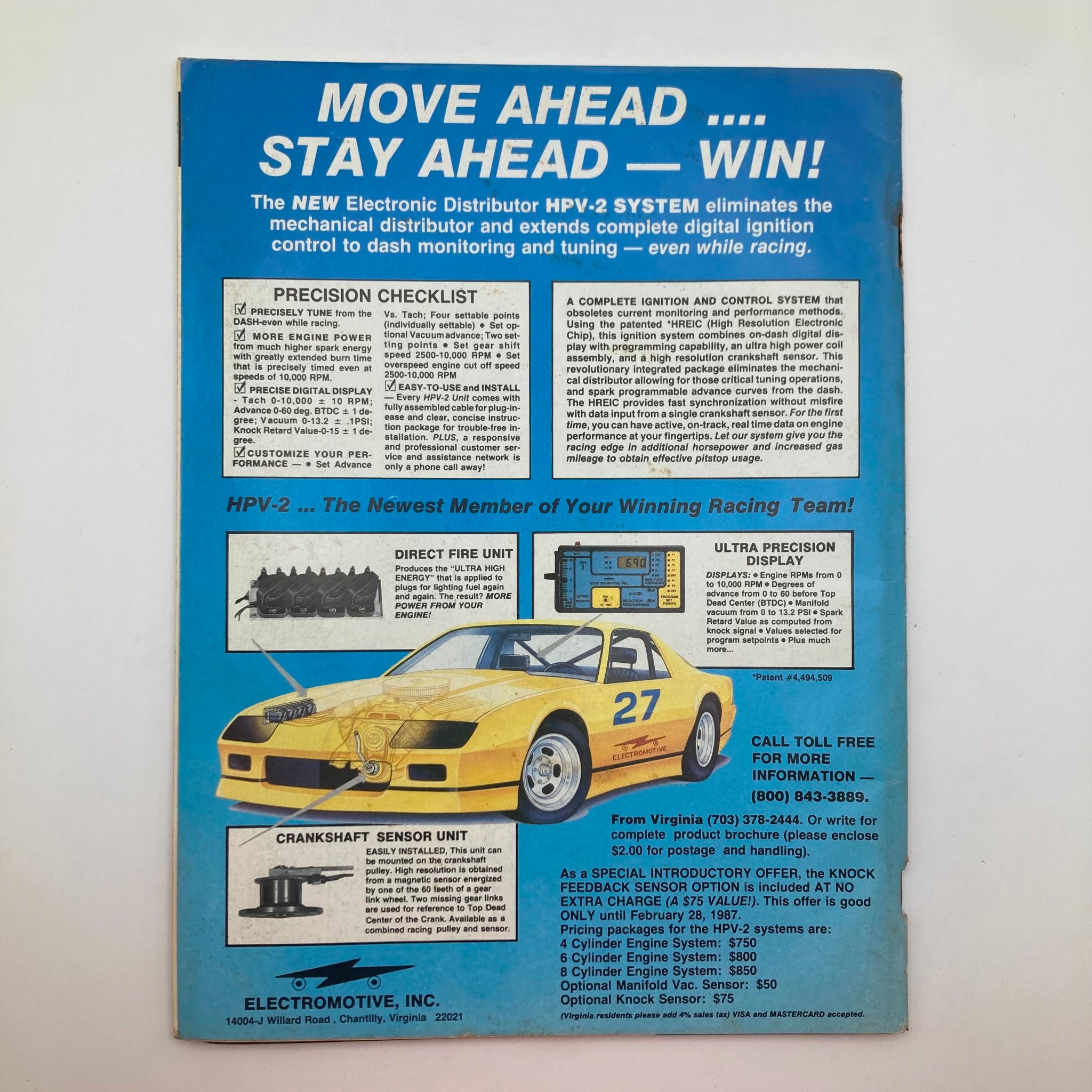 Back cover of VTG Stock Car Racing Magazine April 1987, advertising the HPV-2 Electronic Distributor System and showcasing a yellow race car graphic.