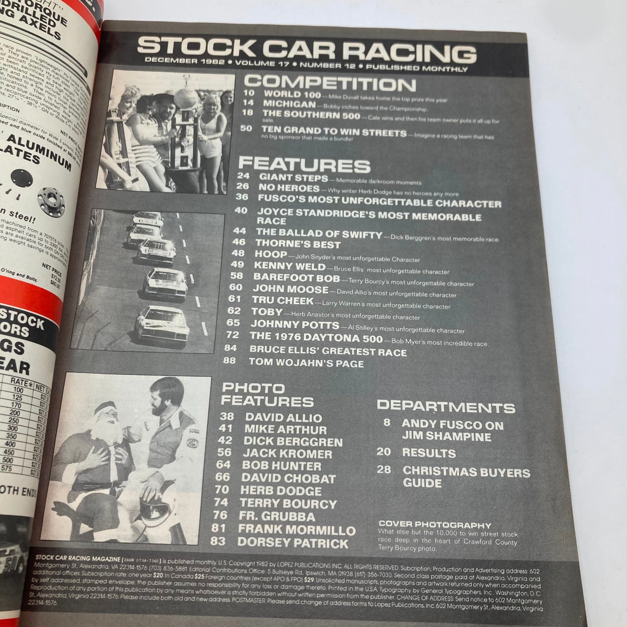 Inside page of VTG Stock Car Racing Magazine December 1982, detailing features and competitions including the 'World 100' and 'Southern 500', along with notable characters and photo features contributing to the magazine's rich content.