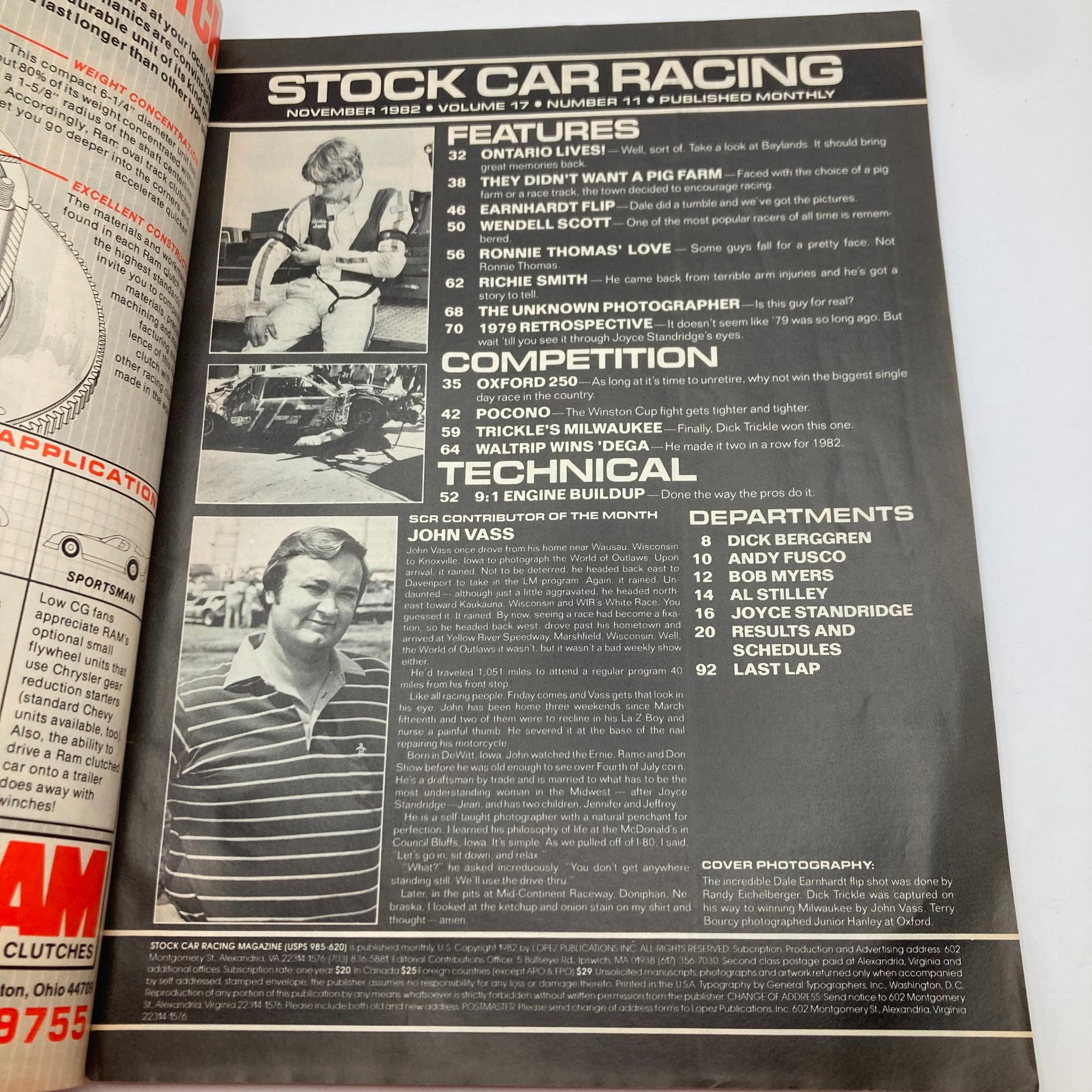 Inside spread of VTG Stock Car Racing Magazine November 1982, detailing features and content including Dale Earnhardt's Pocono performance and racing insights.