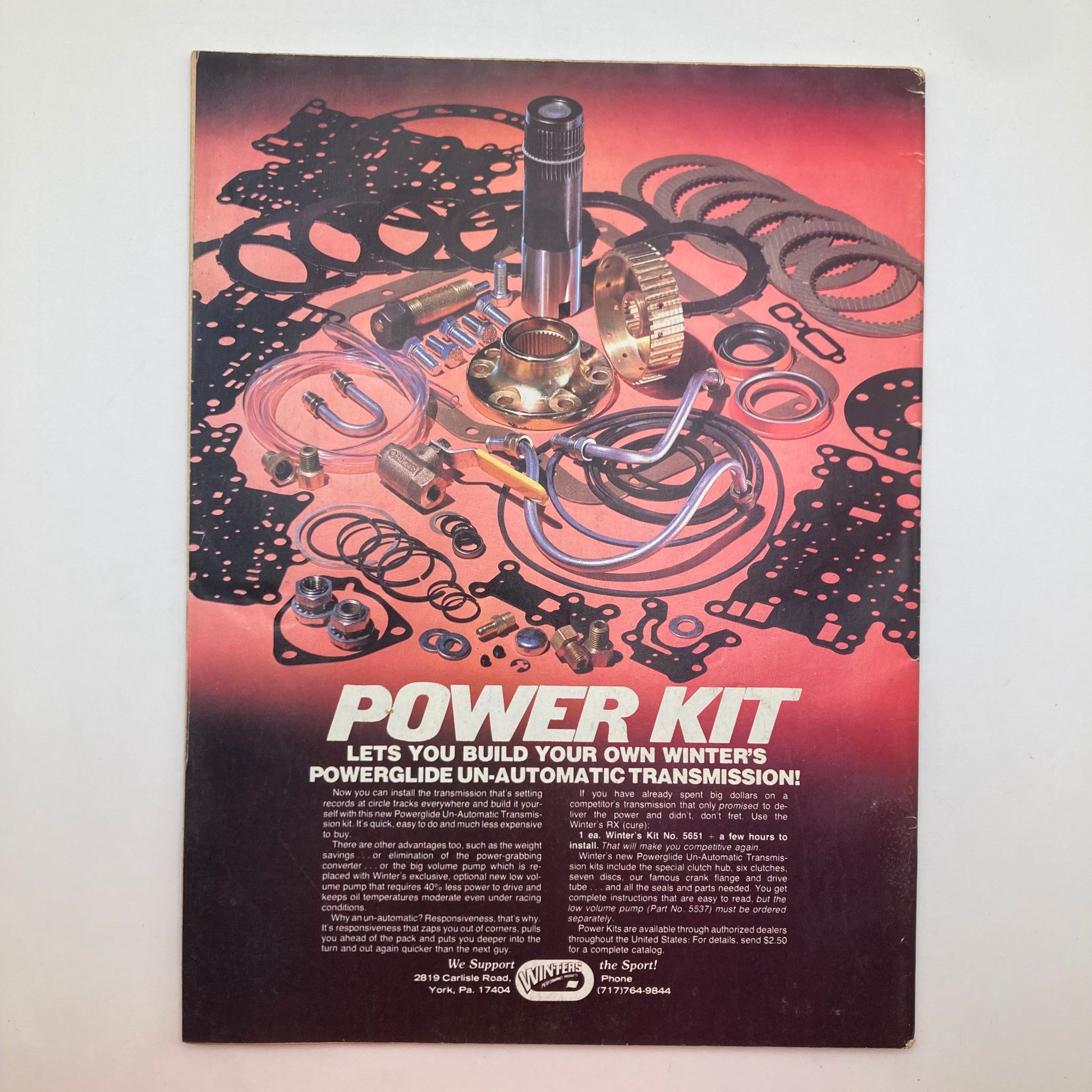 Back cover of VTG Stock Car Racing Magazine November 1982 displaying a PowerKit advertisement for building transmission parts related to stock car racing.