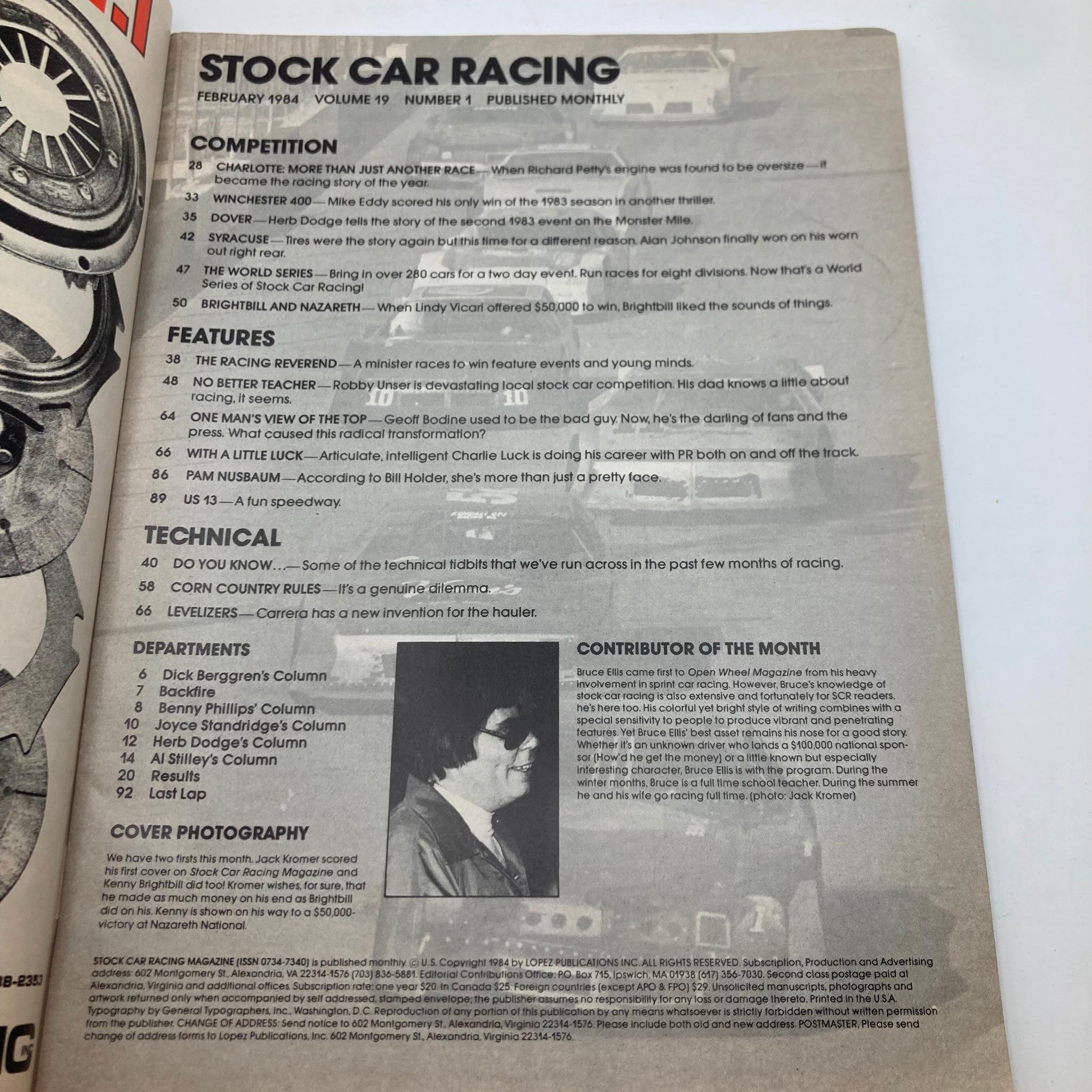 Inside page of VTG Stock Car Racing Magazine February 1984 featuring competition and feature articles, along with a contributor of the month. Perfect for racing enthusiasts and collectors.