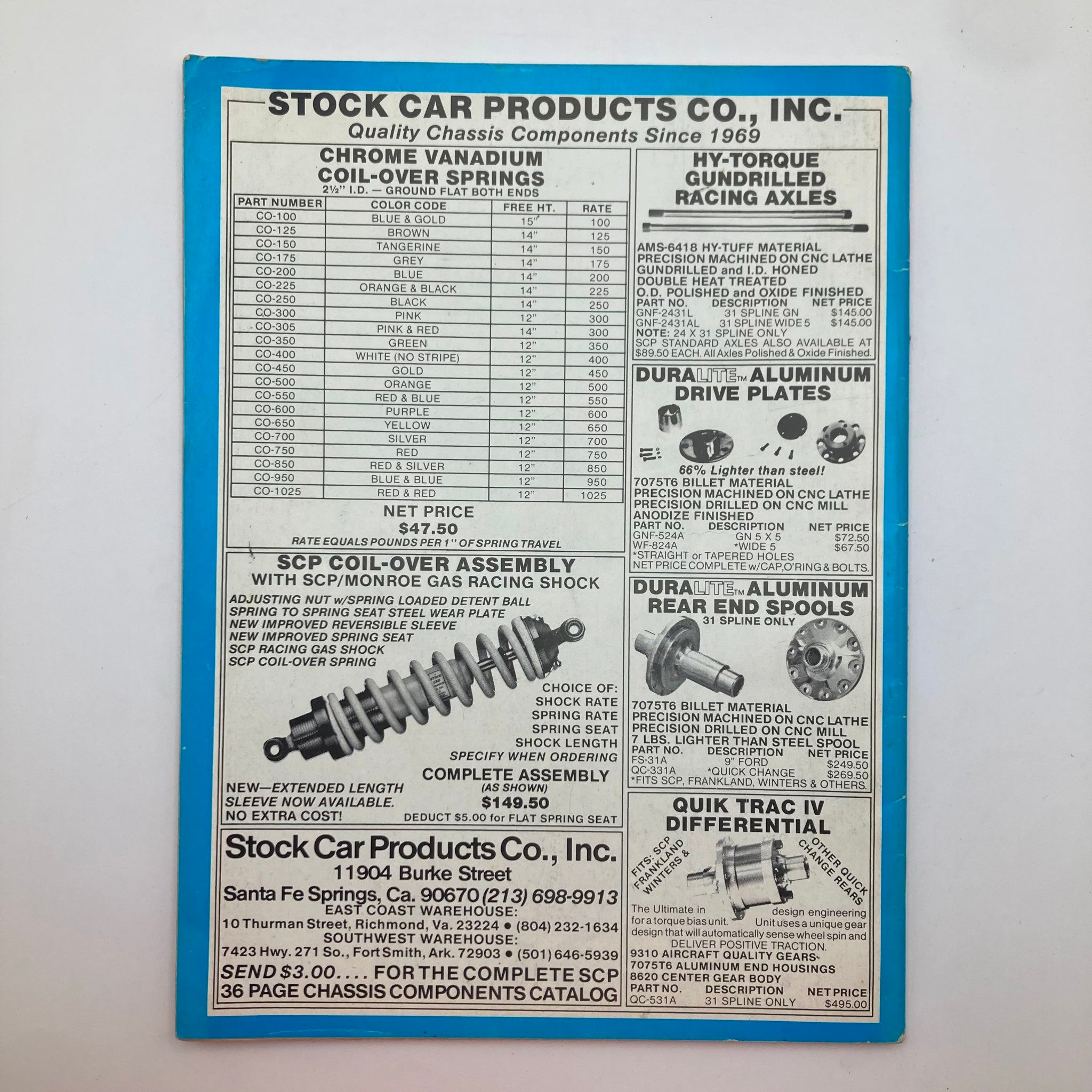 Back cover of VTG Stock Car Racing Magazine February 1984 showcasing Stock Car Products Co. advertisements for chassis components, illustrating the racing industry's suppliers and parts.
