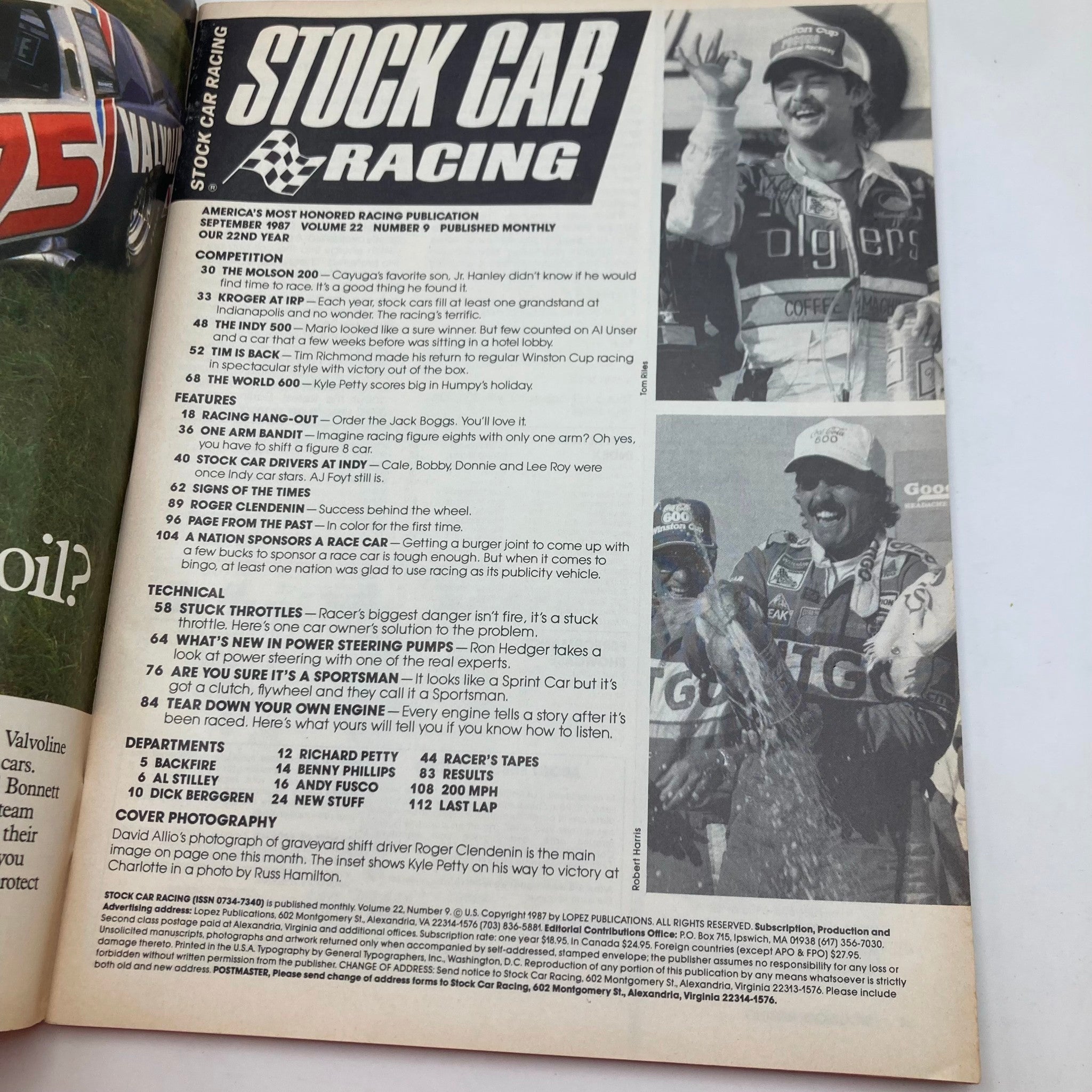 Inside page of the September 1987 Stock Car Racing Magazine displaying features and technical sections, including an article dedicated to driver Roger Clendenin.