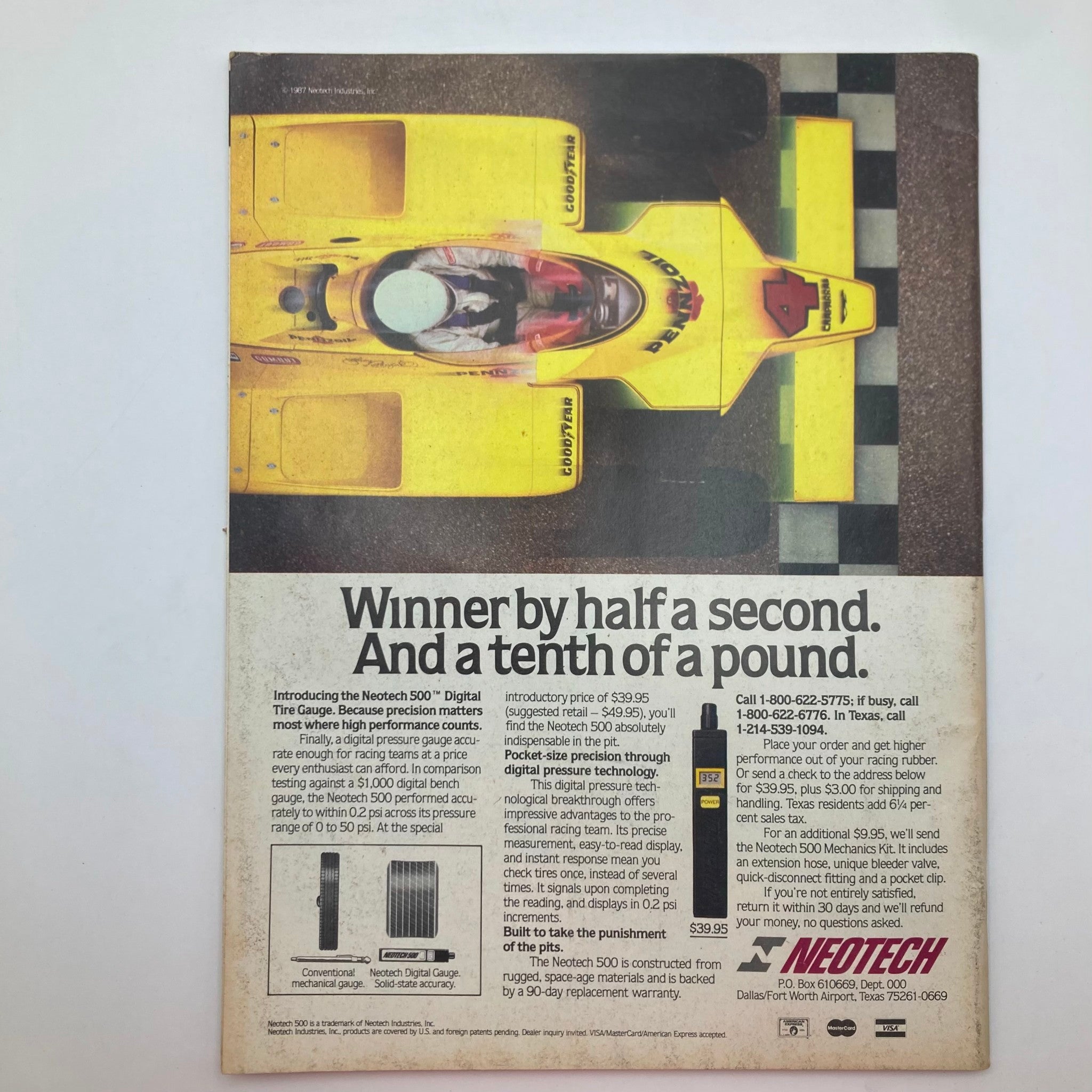 Vintage Stock Car Racing Magazine September 1987 featuring Roger Clendenin on the cover, showcasing a digital tire gauge advertisement on the back, highlighting precision in stock racing.