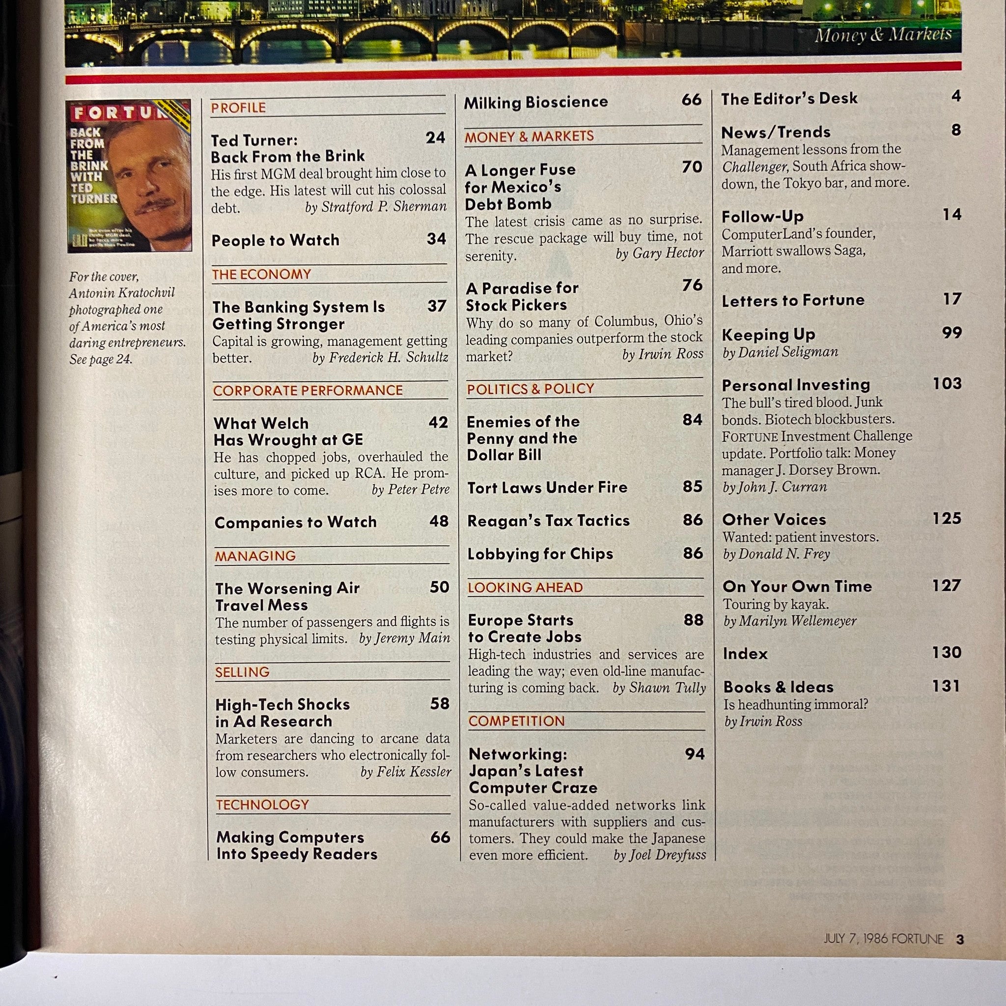Contents page from Fortune Magazine July 7, 1986, highlighting articles including 'Ted Turner: Back From The Brink'.
