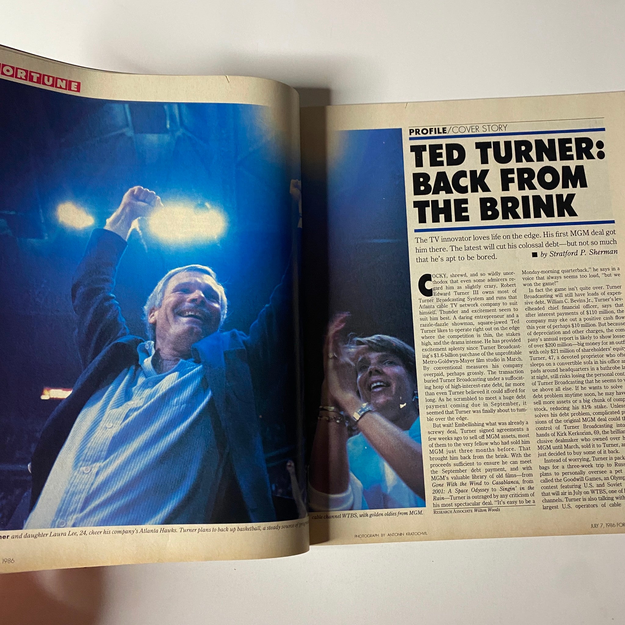 Inside spread of Fortune Magazine July 7, 1986, showcasing the article 'Ted Turner: Back From The Brink' with accompanying imagery.