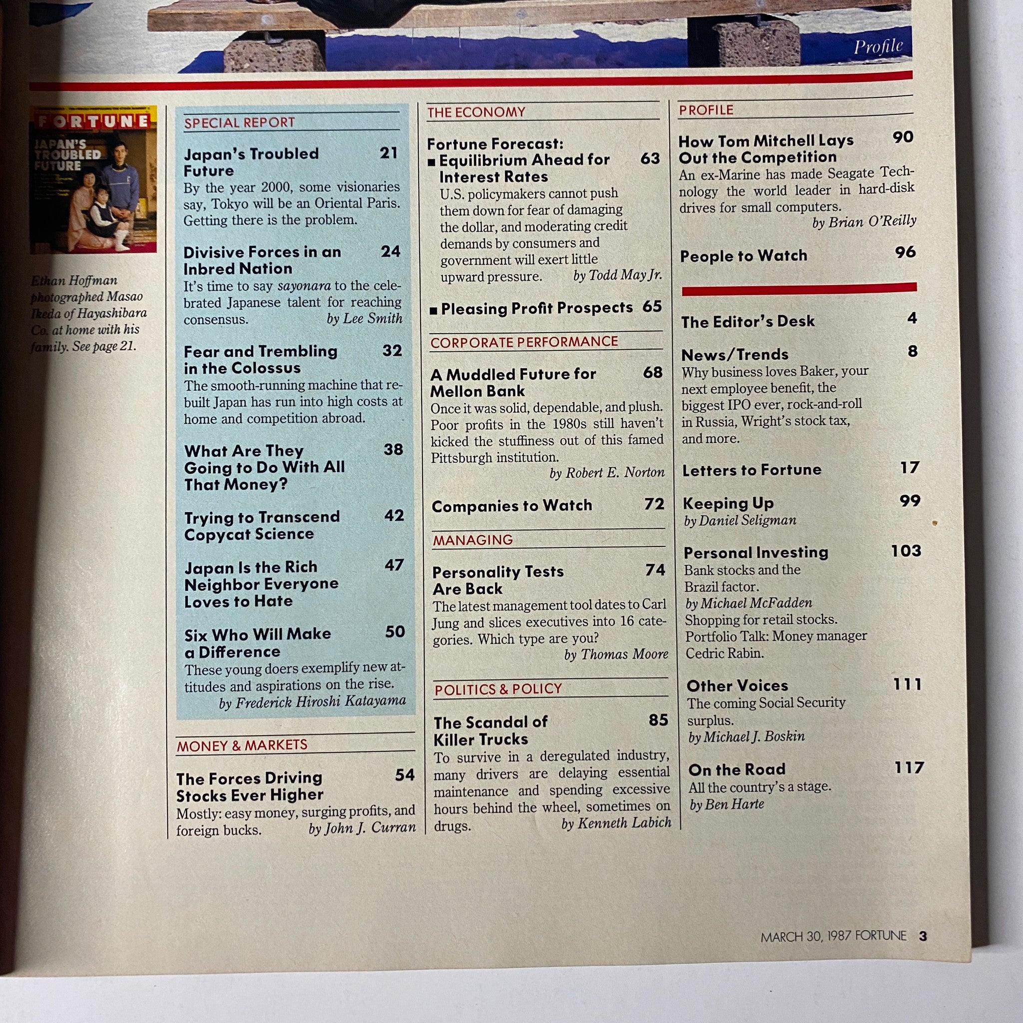 Table of contents from Fortune Magazine March 30, 1987 featuring articles on Japan's economy, corporate performance, and special reports including 'Japan's Troubled Future' and 'Six Who Will Make a Difference'.