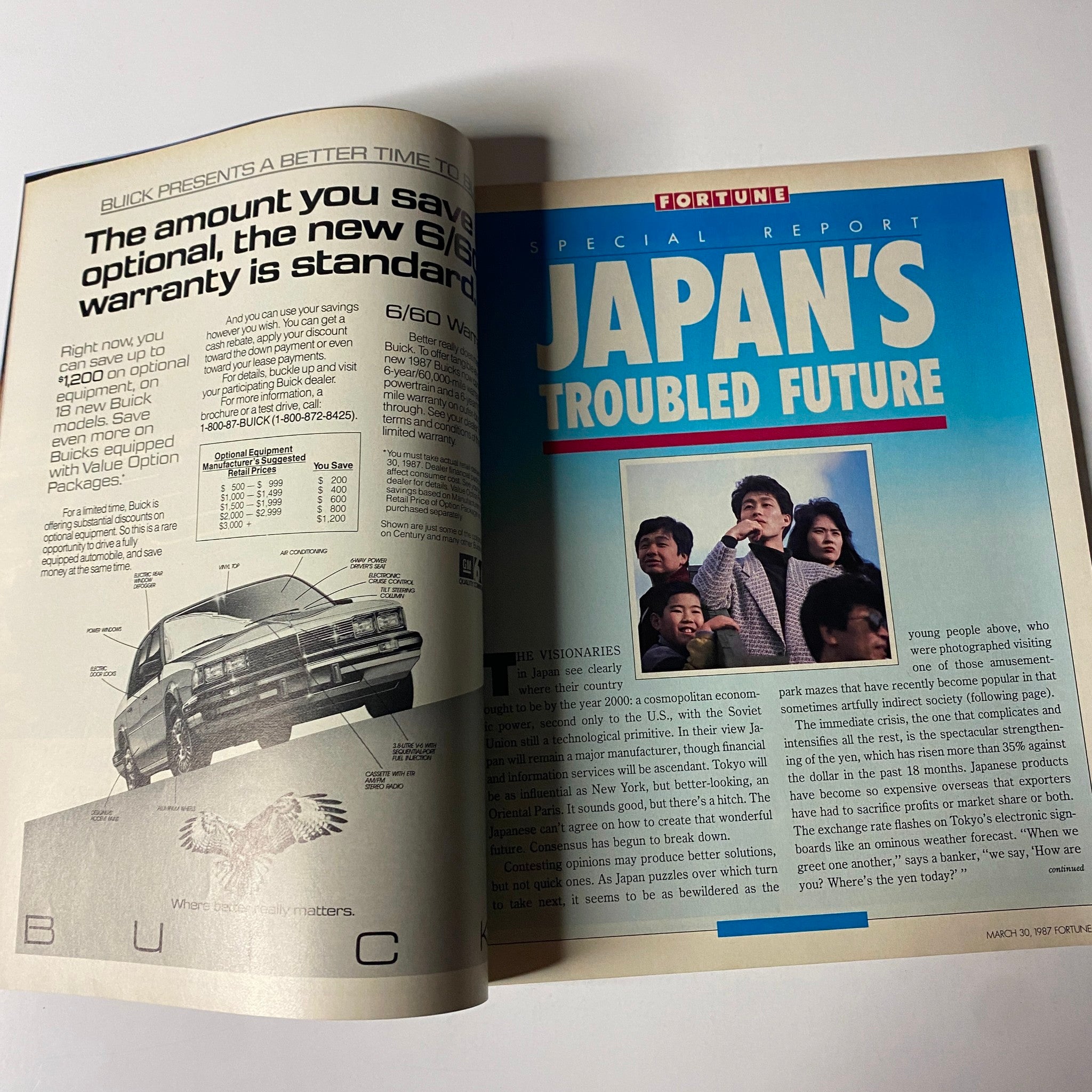 Page from Fortune Magazine March 30, 1987 showcasing the special report 'Japan's Troubled Future' with an infographic and photographs highlighting Japanese visionaries.