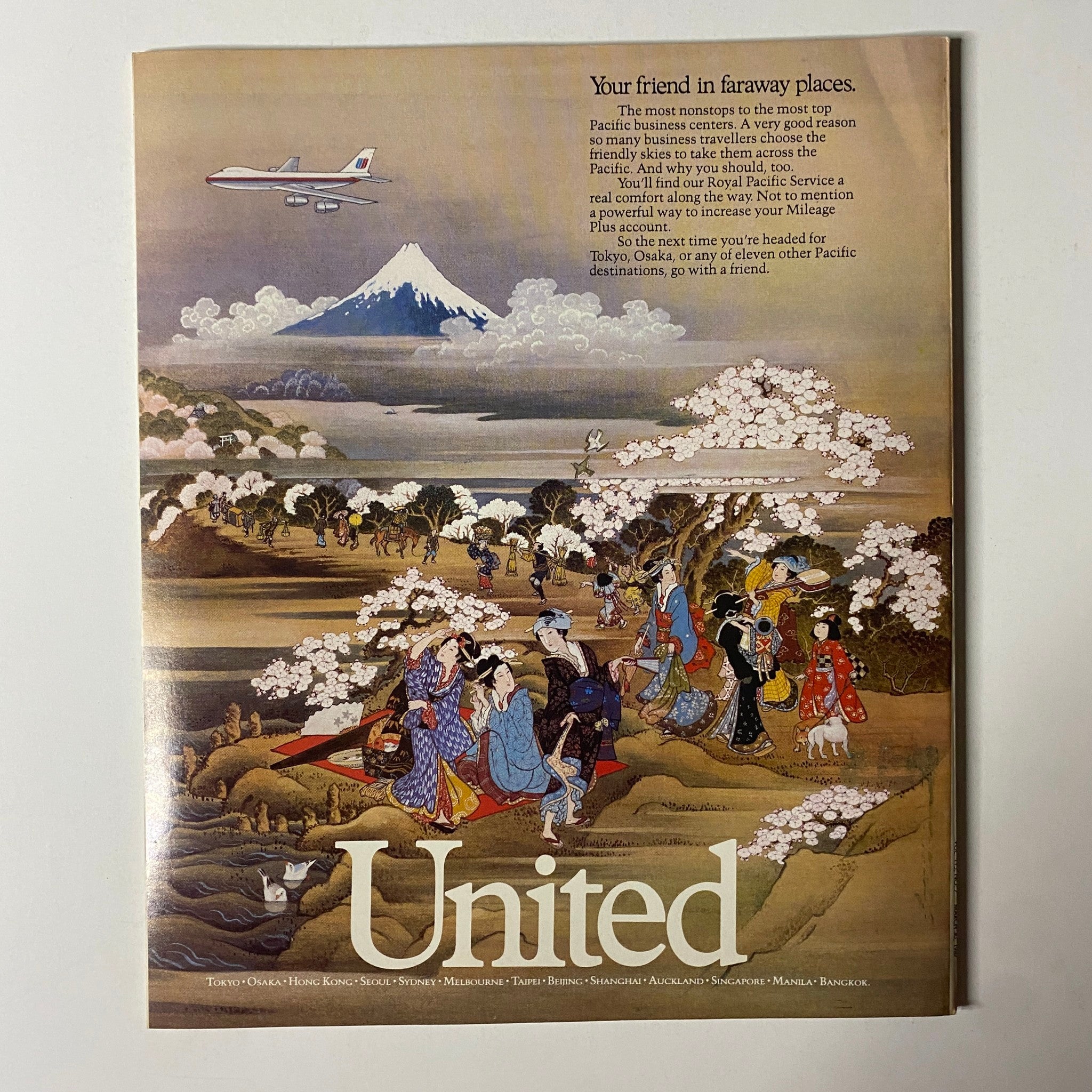 Advertisement from Fortune Magazine March 30, 1987 for United Airlines, featuring traditional Japanese art and promoting travel to various Pacific destinations.