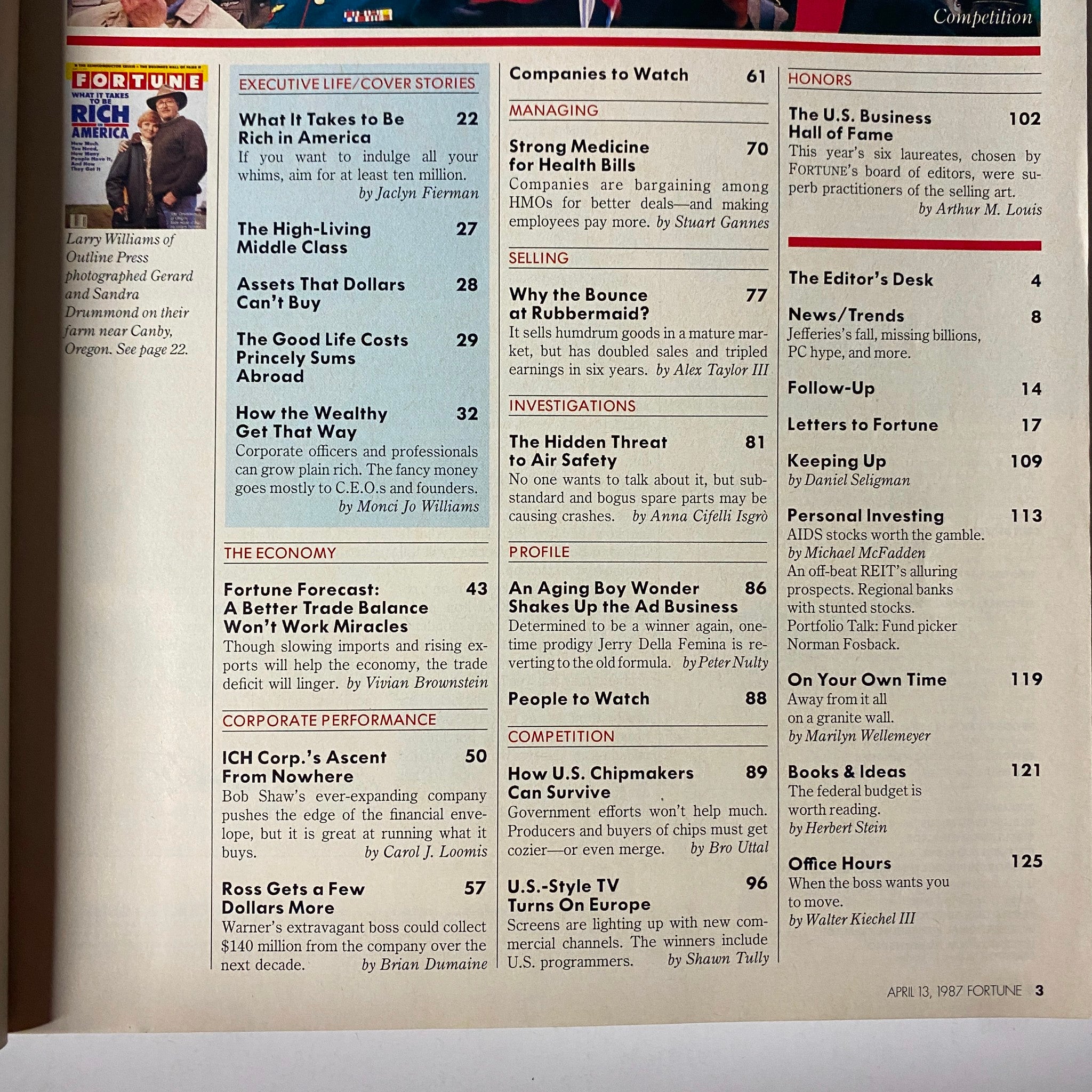 Table of contents from Fortune Magazine dated April 13, 1987 highlighting articles including 'What It Takes to Be Rich in America'.
