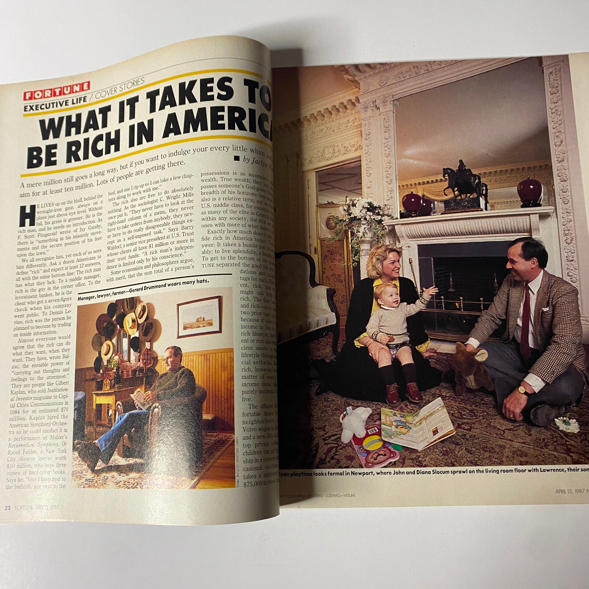 Inside page from Fortune Magazine April 13, 1987, featuring the article 'What It Takes to Be Rich in America', with a family seated in an elegantly decorated living room.