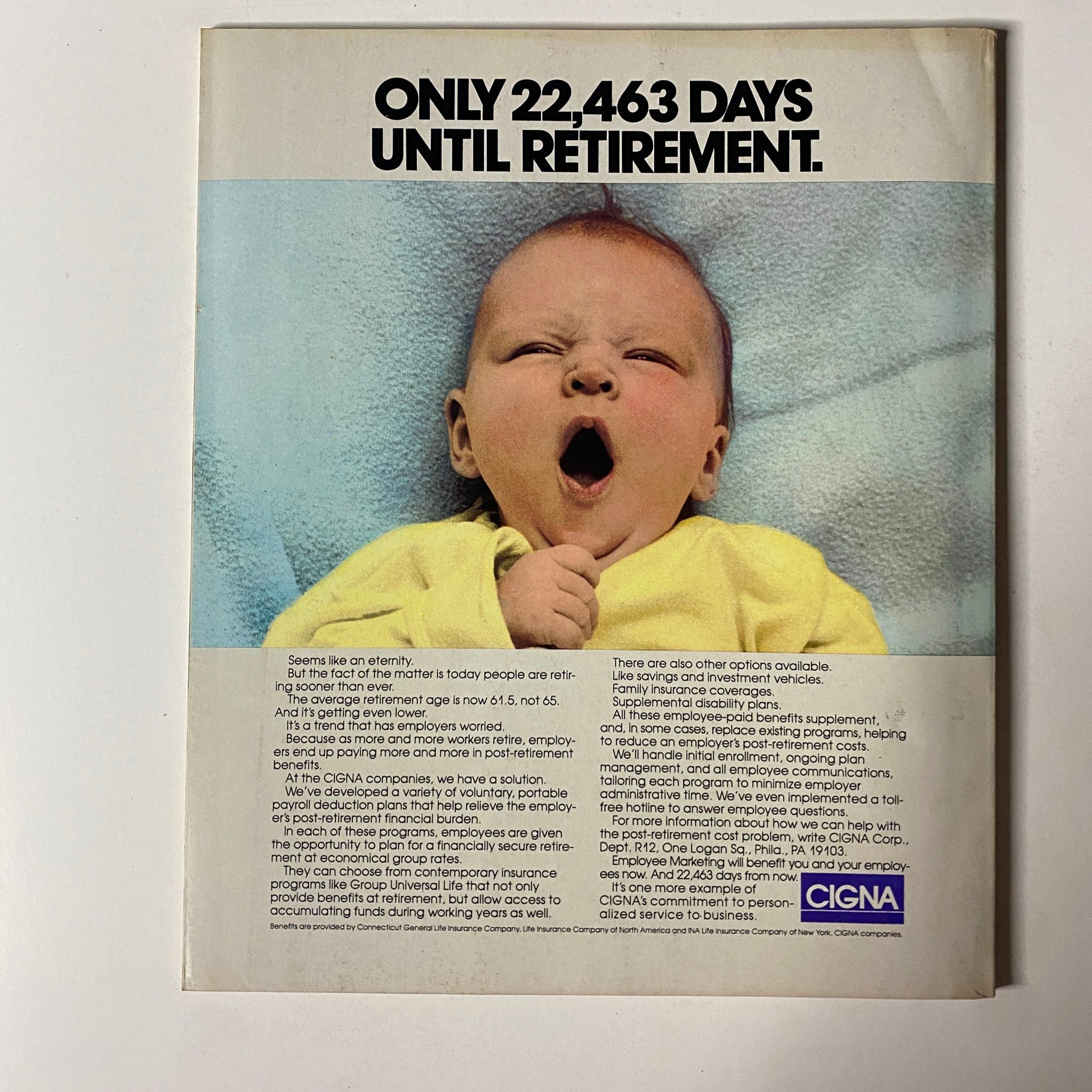 Back cover of Fortune Magazine April 13, 1987 with an advertisement titled 'Only 22,463 Days Until Retirement' featuring a yawning baby, emphasizing themes of retirement planning.