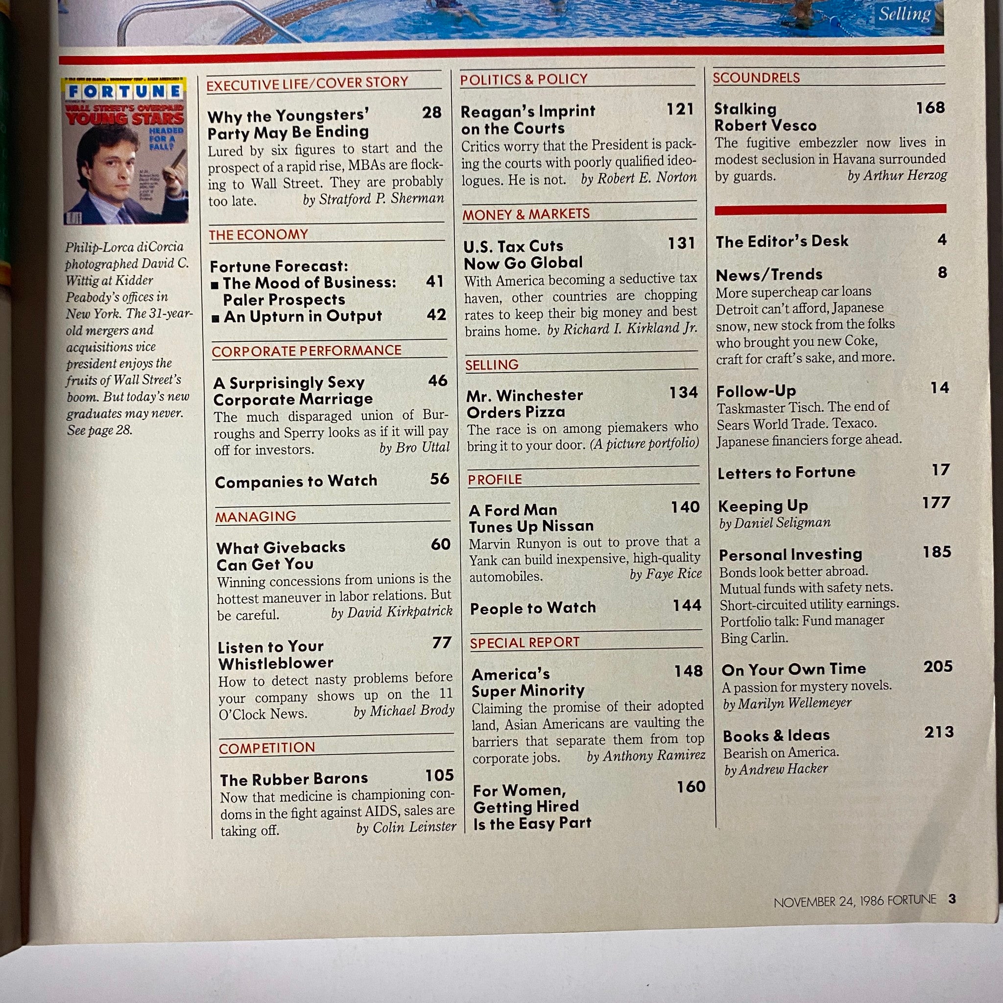 Table of contents from Fortune Magazine, November 24, 1986, highlighting articles including "Why the Youngsters' Party May Be Ending" and economic insights, relevant to the features of Kansas-born David Wittig.