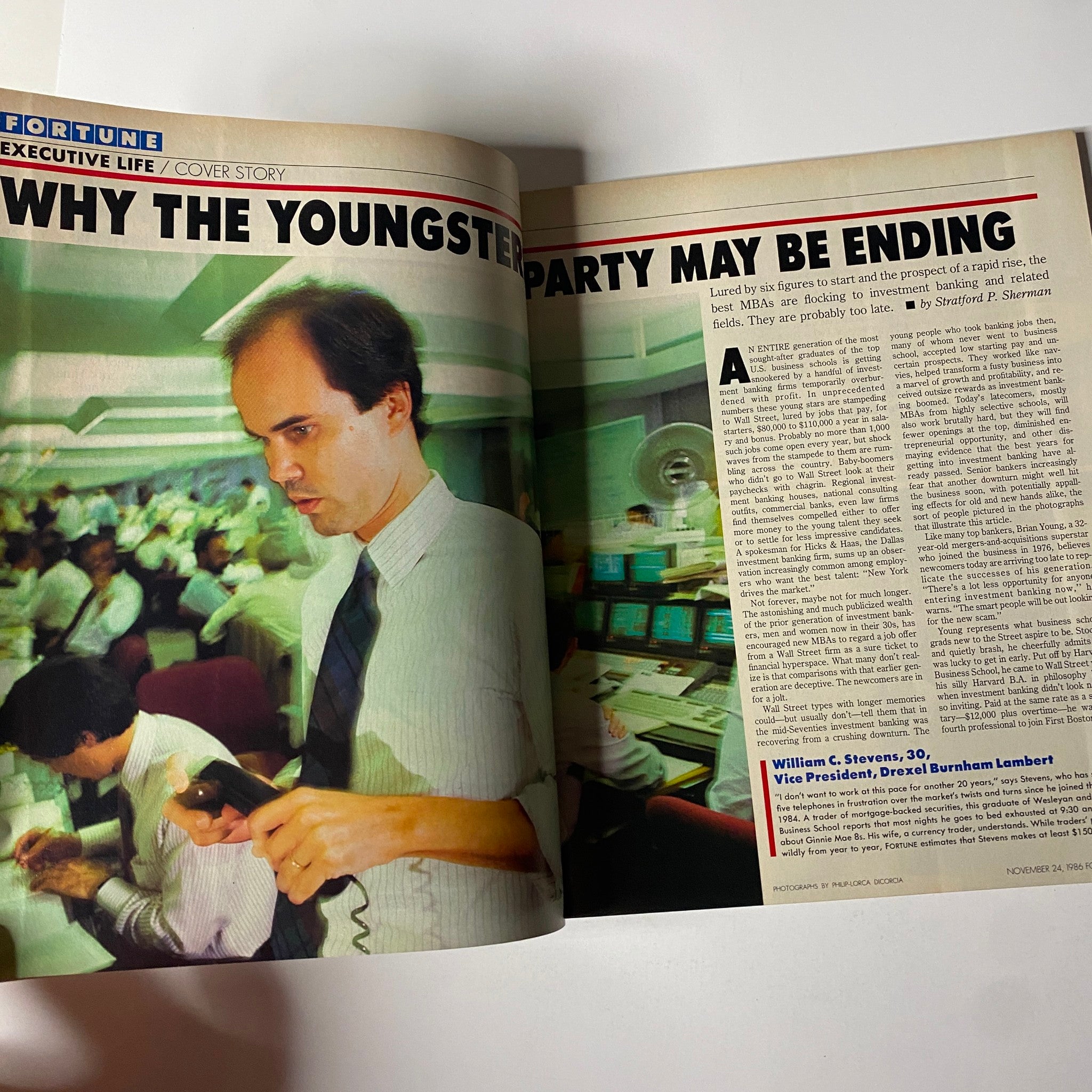Interior page of Fortune Magazine, November 24, 1986, featuring the article "Why the Youngsters' Party May Be Ending" about the corporate environment and MBA hiring trends, including a photo of a Wall Street trading floor.