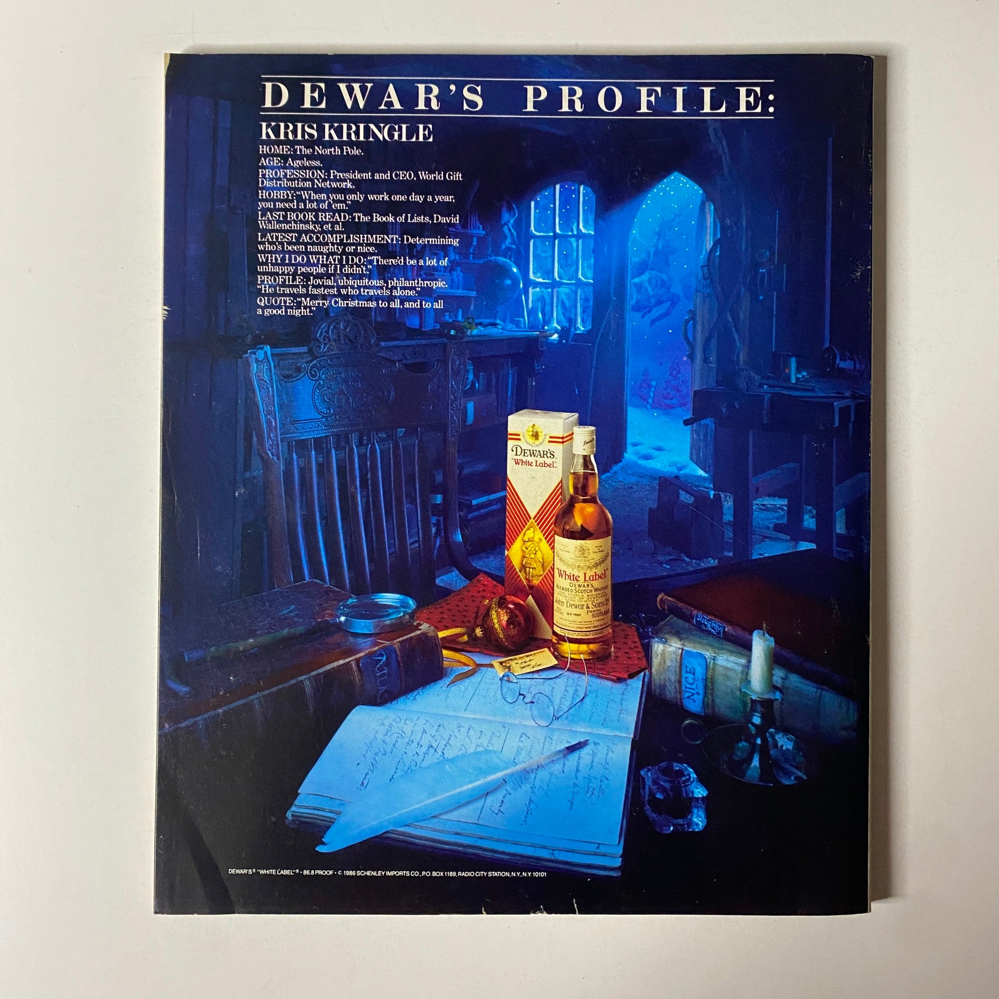 Dewar's Profile featuring Kris Kringle in a cozy North Pole setting, showcasing Dewar's White Label whiskey alongside a festive ambiance; related to the topic of Fortune Magazine November 24, 1986 Kansas-Born David Wittig.