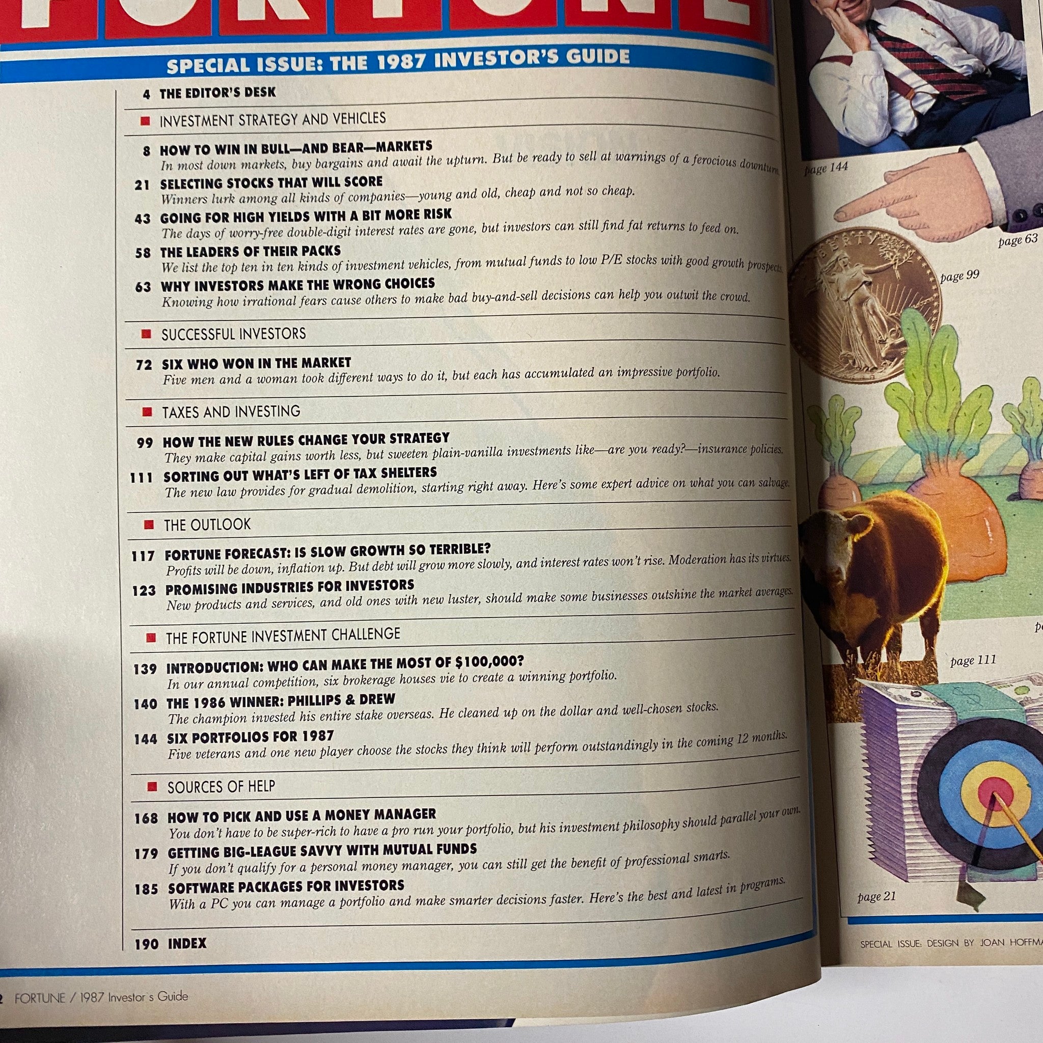 Interior page layout of the 1987 Investor's Guide Special Issue from Fortune Magazine detailing investment strategies, featured articles, and investment challenge.