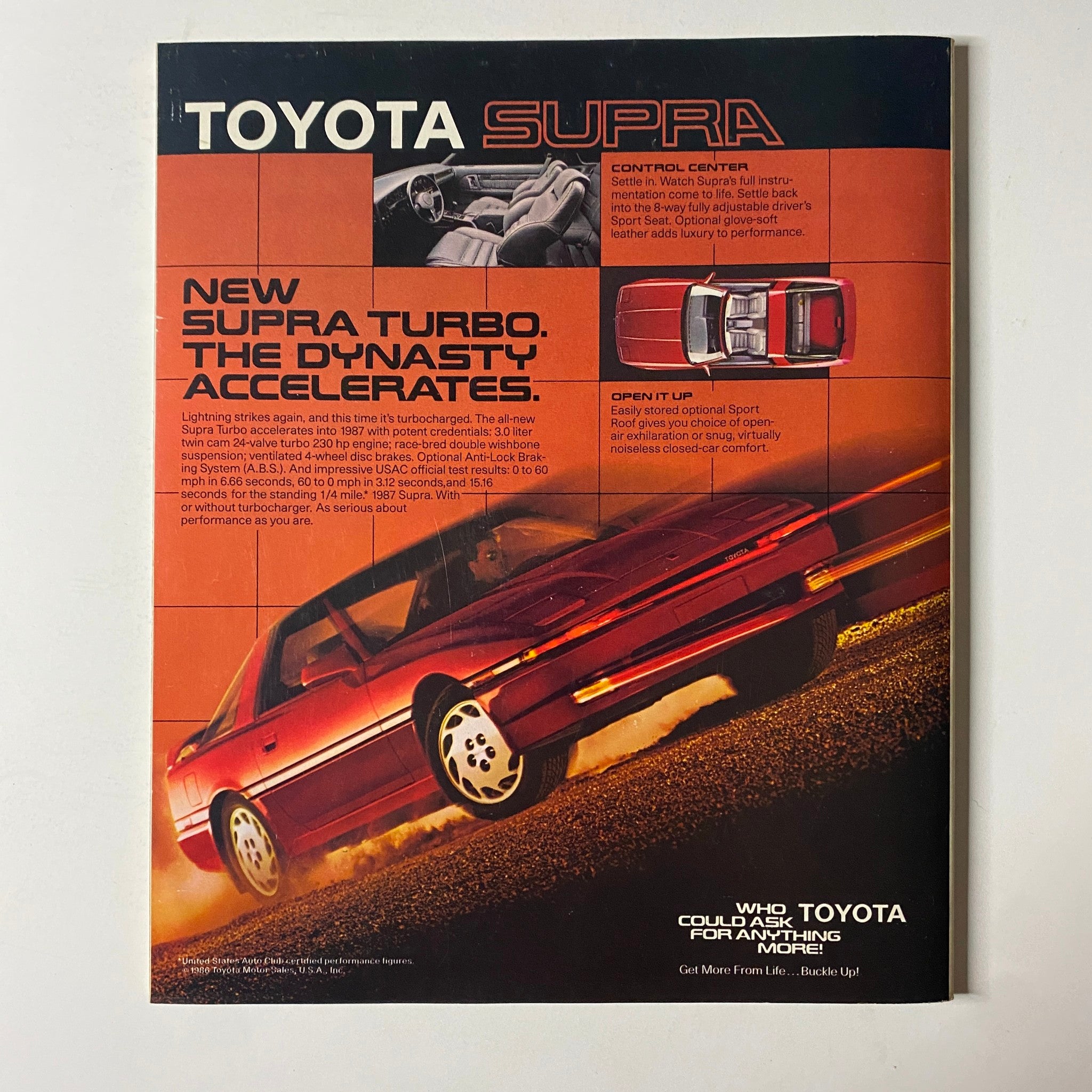 Fortune Magazine 1987 The 1987 Investor's Guide Special Issue, showcasing a vintage ad for the Toyota Supra Turbo highlighting its features and performance.