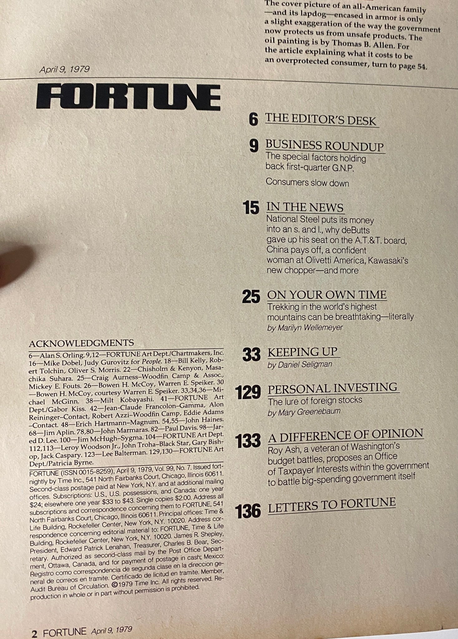 Page two from Fortune Magazine, April 9, 1979, displaying the table of contents with featured articles including 'The Editor's Desk' and 'Business Roundup,' highlighting key economic discussions from the era.
