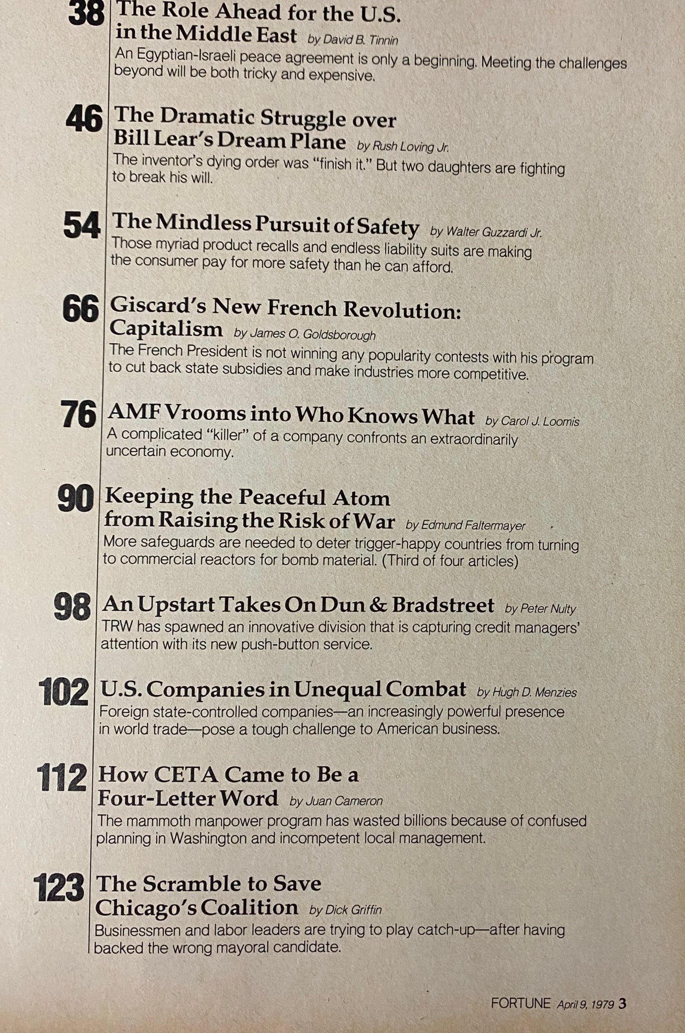 Page three of Fortune Magazine, April 9, 1979, featuring the continuation of the table of contents that includes articles on consumer safety, economic challenges, and the impact of foreign competition.