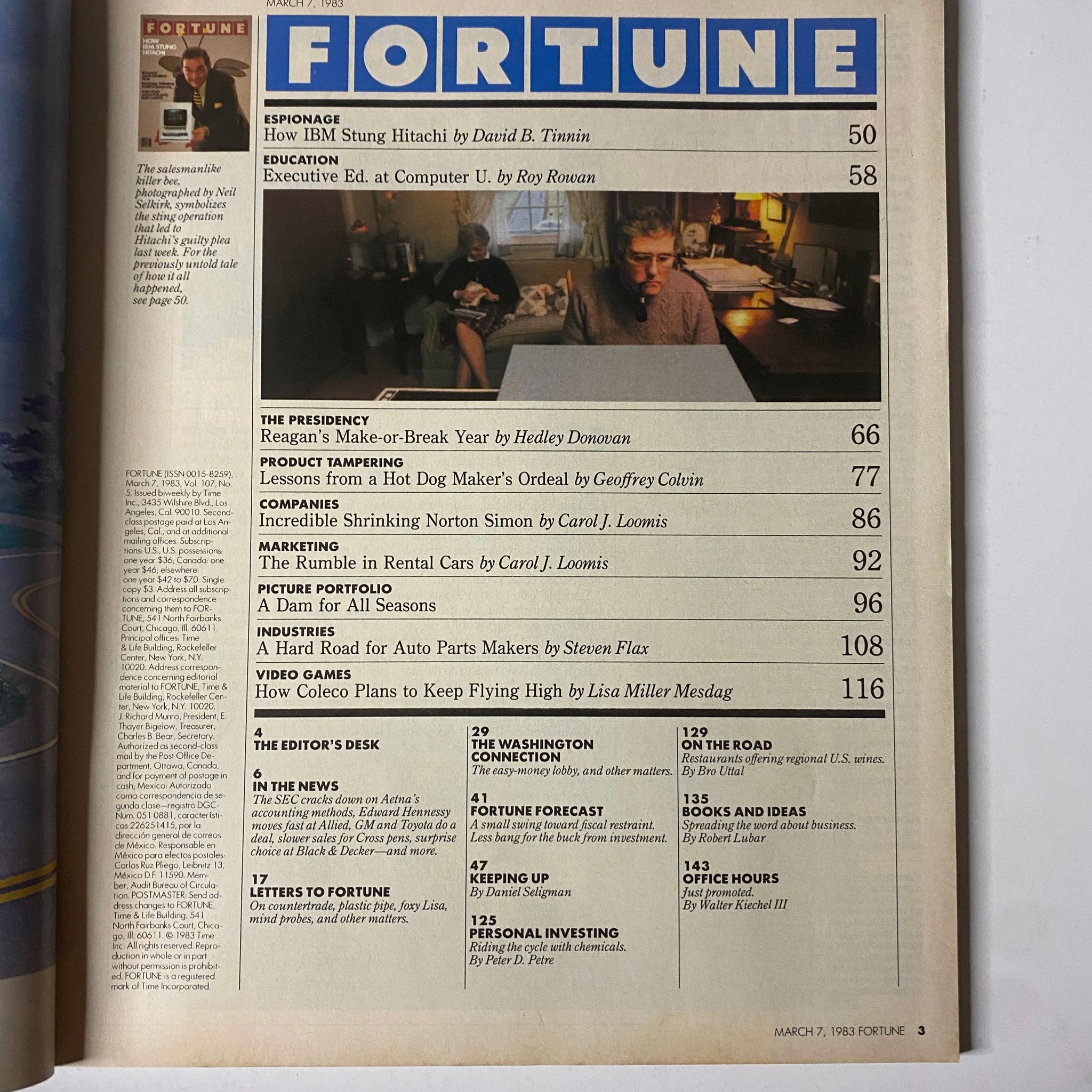 Table of contents page from Fortune Magazine March 7, 1983, listing articles including 'How IBM Stung Hitachi', an executive education feature, and Ronald Reagan's presidency.